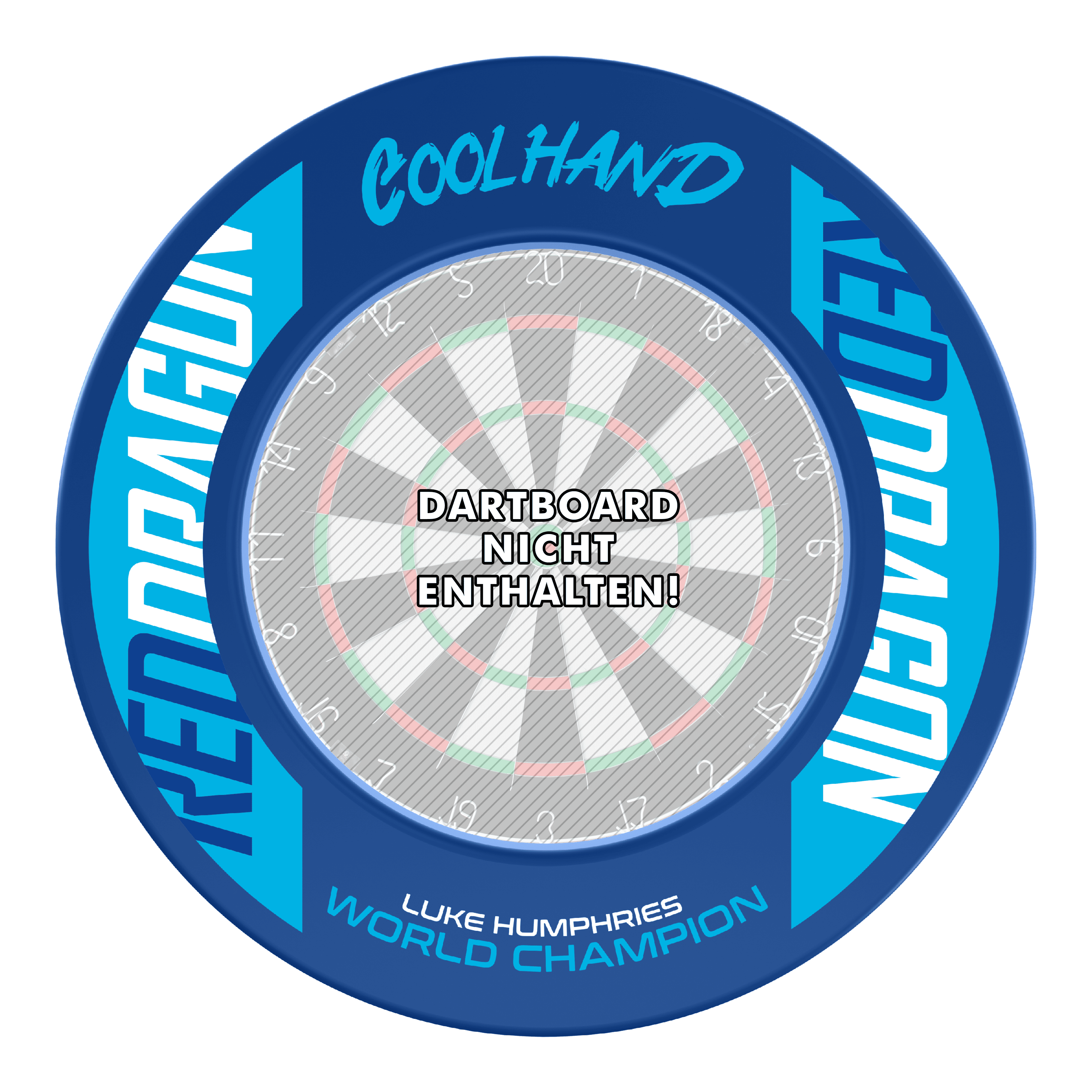 Dies ist das Produkt "Red Dragon Luke Humphries World Champion Dartboard Surround" in blauer Farbe. In der Mitte steht: "Dartboard nicht enthalten!"