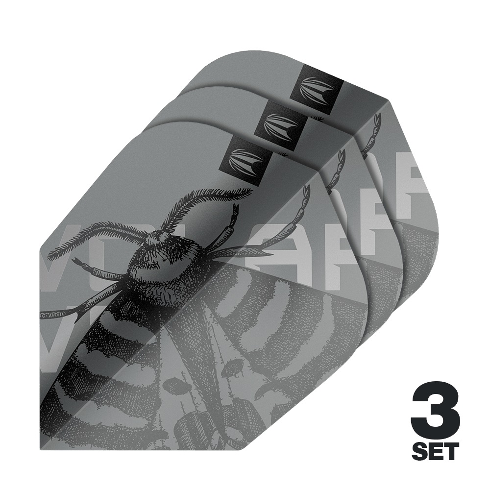 Target Pro Ultra Volar No6 Flights - 3 Sets Das Bild zeigt drei Sets der Target Pro Ultra Volar No6 Flights. Die Flights sind grau mit einem detaillierten Insektenmotiv gestaltet.