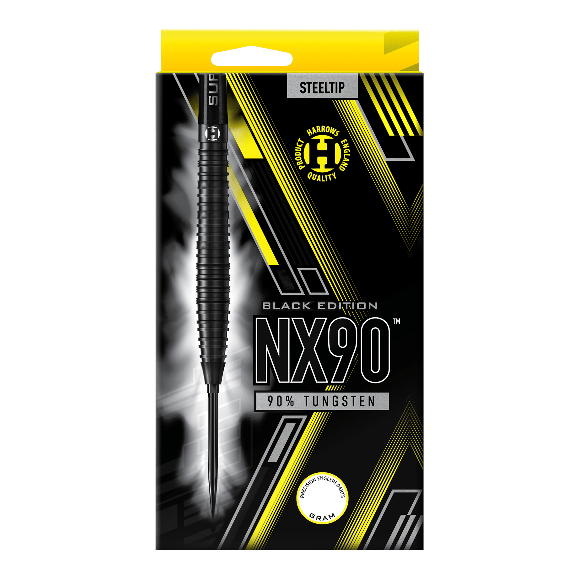 Harrows NX90 Black Edition Tapered Quick Point Steeldarts Die Abbildung zeigt die Harrows NX90 Black Edition Tapered Quick Point Steeldarts. Sie haben eine elegante, konische Silhouette und sind komplett schwarz.