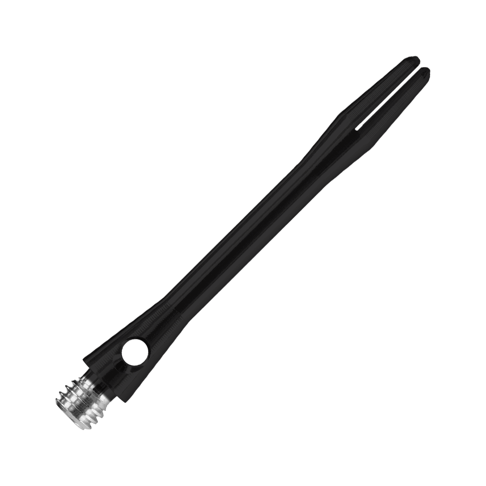 Das Bild zeigt einen Harrows Keramic Shaft in mattem Schwarz. Der Schaft hat ein schlankes Design mit einem silbernen Gewinde am unteren Ende.