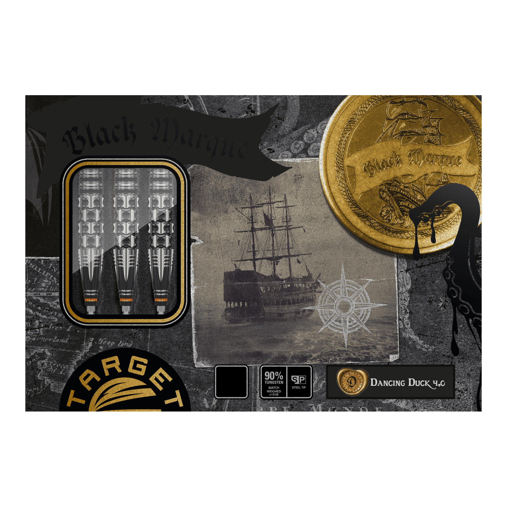 Target Japan Black Marque Dancing Duck GEN 4 Steeldarts Die Abbildung zeigt die Verpackung der "Target Japan Black Marque Dancing Duck GEN 4 Steeldarts". Auf der Verpackung sind drei Darts, ein Schiff und ein goldener Münzen-Print zu sehen.