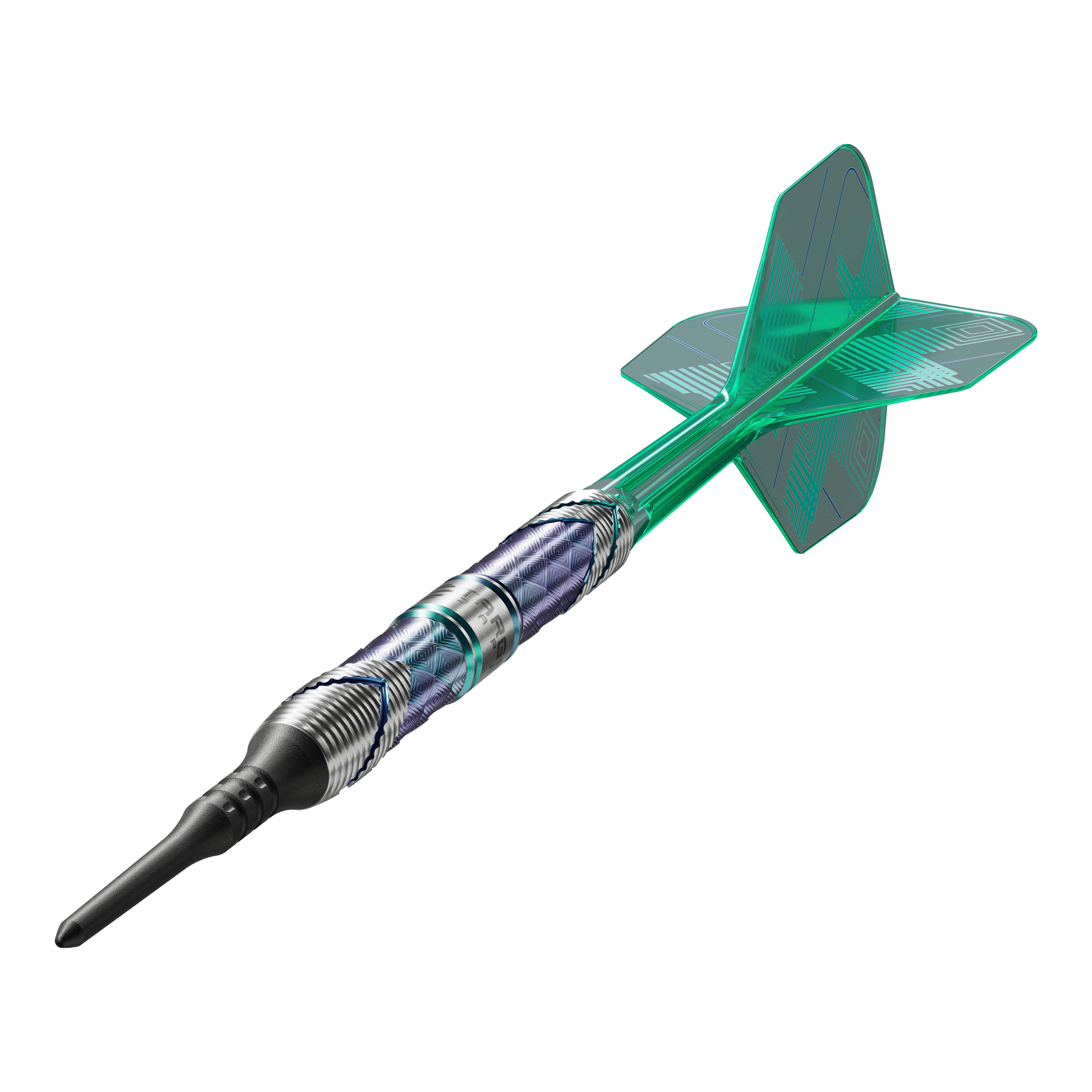 Dies ist der Target Japan Kaze Series Ceros 03 Softdart mit einem Gewicht von 19g. Der Dart hat ein auffälliges Design mit grünen Flights und einem strukturierten Barrel.