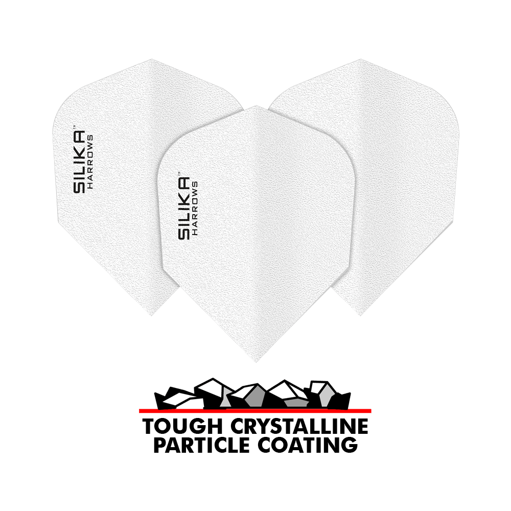 Harrows Silika Solid Tough Crystalline Coating White No6 Flights Das Bild zeigt drei weiße Dartflights mit der Aufschrift "SILIKA HARROWS". Darunter steht "TOUGH CRYSTALLINE PARTICLE COATING" zusammen mit einer grafischen Darstellung von Kristallen.