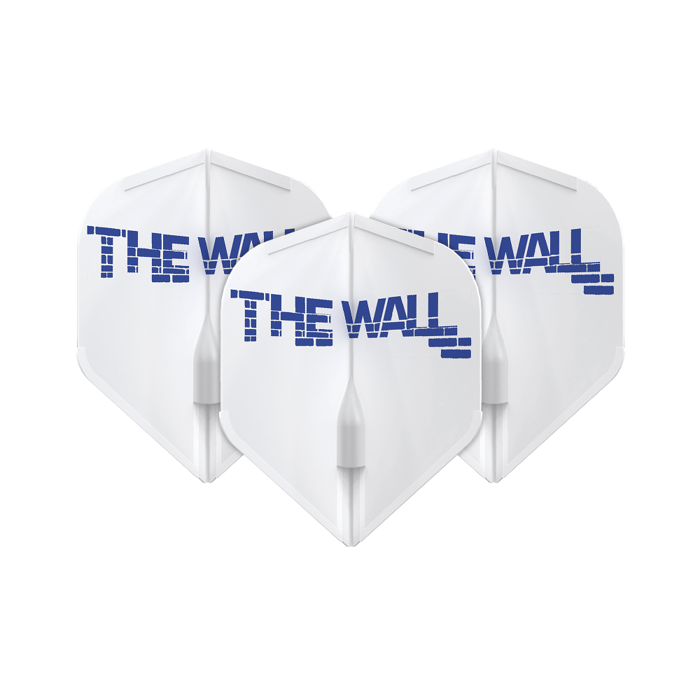 L-Style Martin Schindler Weiß L1EZ Flights Das Bild zeigt drei weiße Dart-Flights mit der blauen Aufschrift "THE WALL". Die Flights sind das Modell L-Style Martin Schindler Weiß L1EZ.