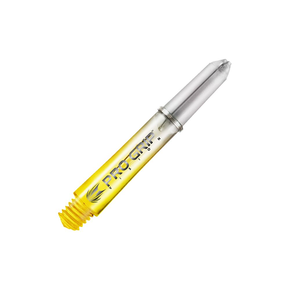 Target Pro Grip Vision Shafts - 3 Sets - Gelb Das Bild zeigt einen gelben Dart-Schaft mit der Aufschrift "Pro Grip Vision". Der Schaft ist durchsichtig und hat ein modernes Design.