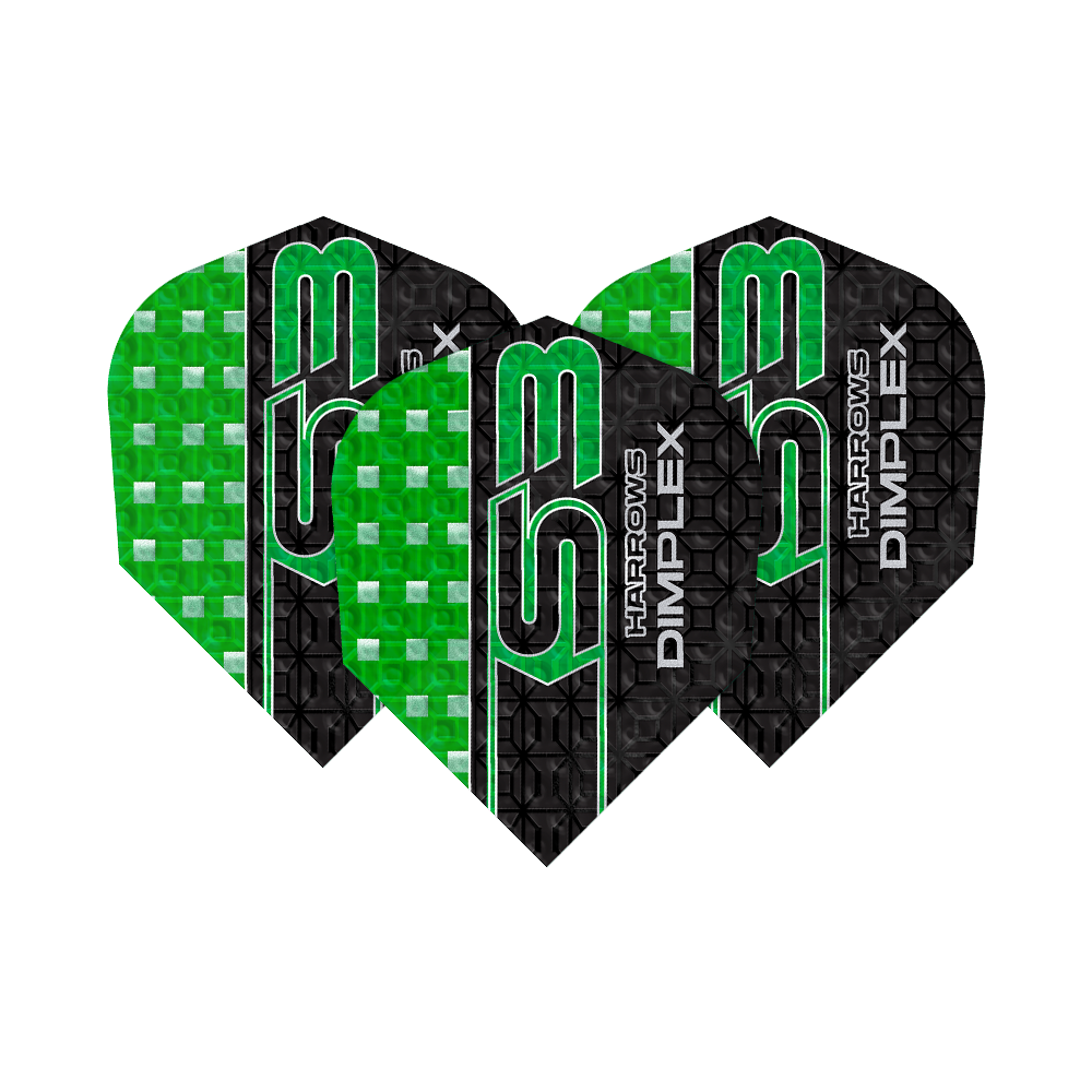 Harrows Dimplex S3 Flights - Grün Das Bild zeigt drei grüne und schwarze Dart-Flights des Modells "Harrows Dimplex S3". Auf den Flights steht der Text "Harrows Dimplex S3" in grüner und weißer Schrift.