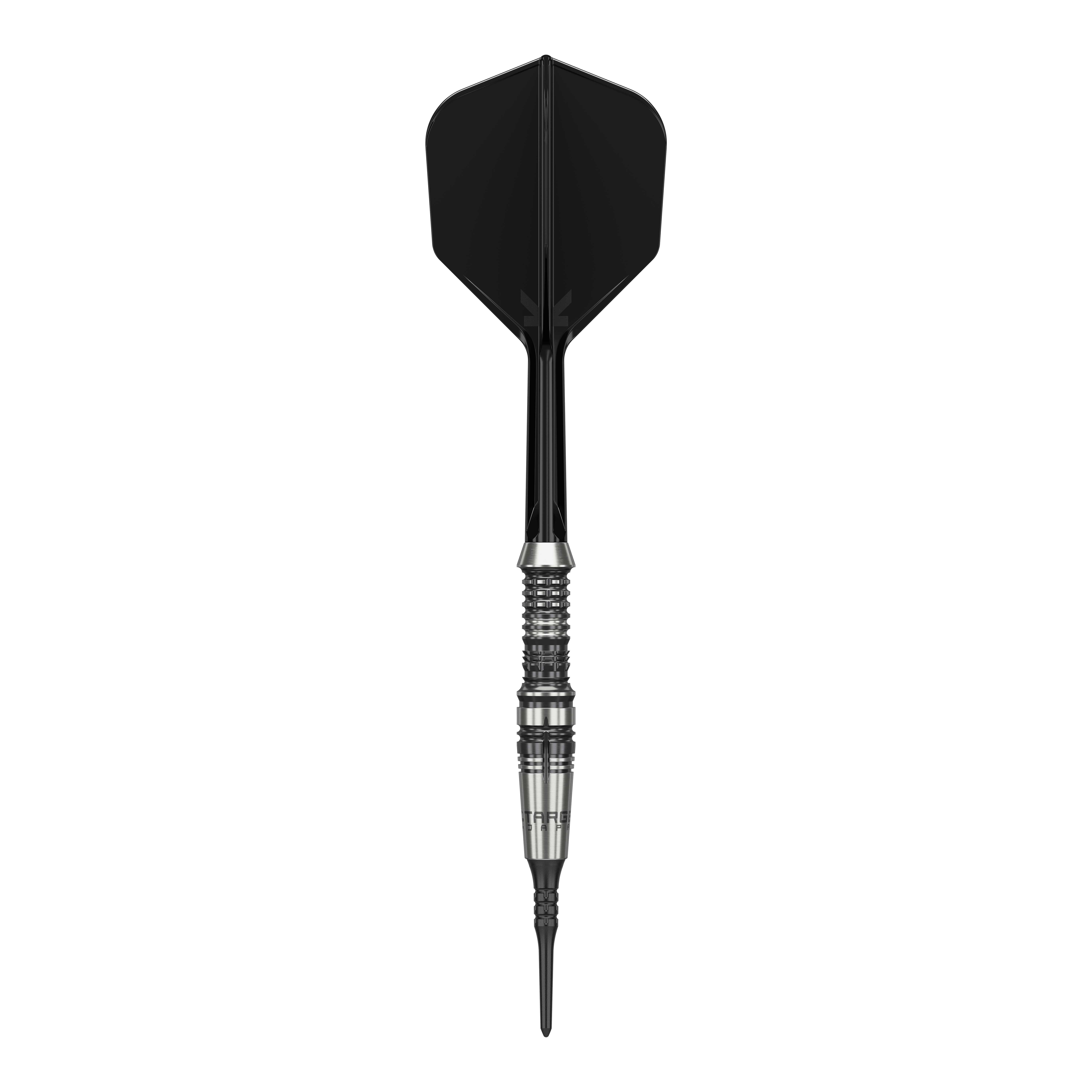 Das Bild zeigt einen Softdart der Marke 'Target Japan Black Marque Heracles' mit einem Gewicht von 18g. Der Dart hat ein elegantes Design mit schwarz-silbernem Barrel und schwarzer Spitze sowie Flight.