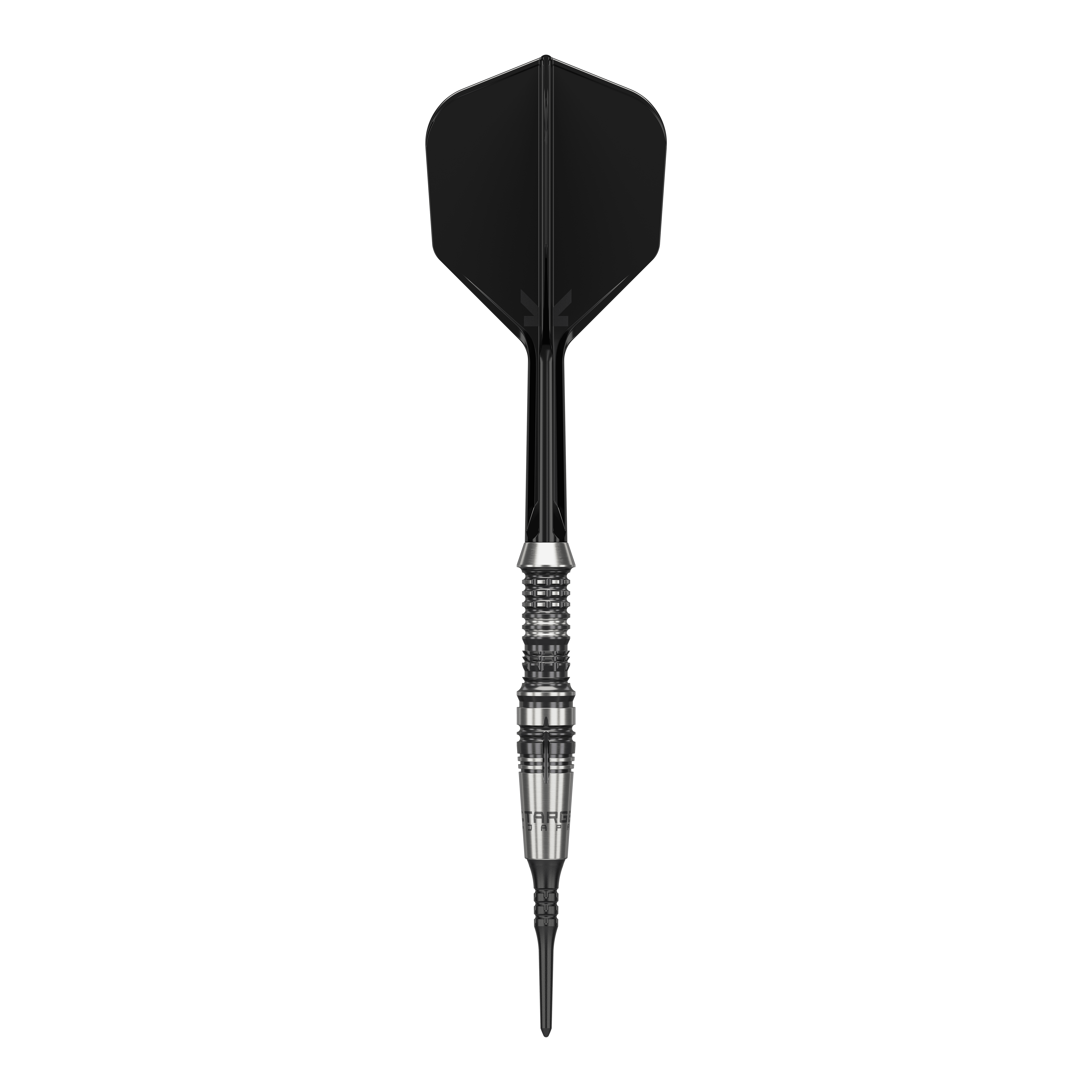Target Japan Black Marque Heracles Softdarts - 18g Das Bild zeigt einen Softdart der Marke 'Target Japan Black Marque Heracles' mit einem Gewicht von 18g. Der Dart hat ein elegantes Design mit schwarz-silbernem Barrel und schwarzer Spitze sowie Flight.