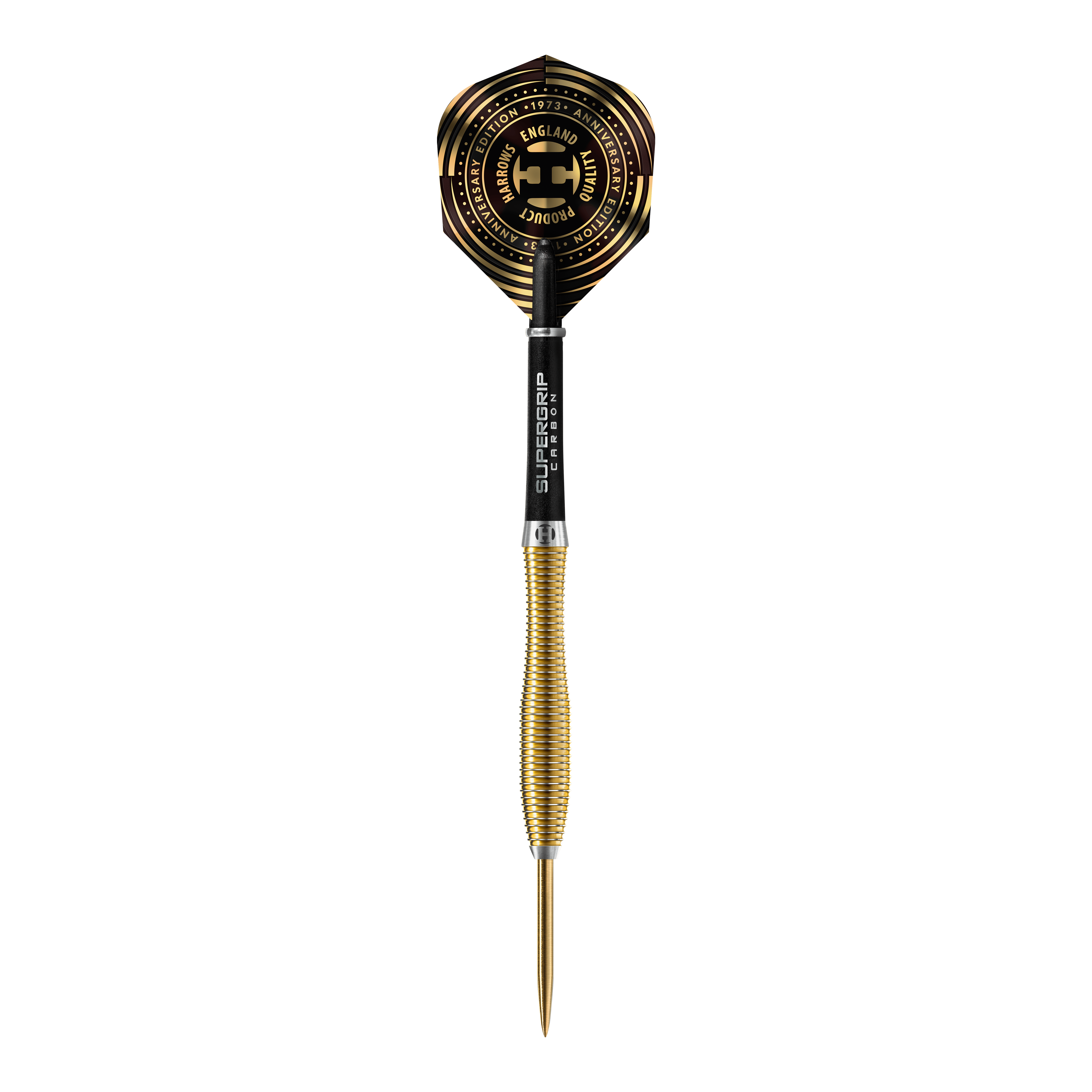 Harrows Anniversary Edition V-Wing Steeldarts Dies ist ein goldfarbener Steeldart mit einer schwarzen und goldenen Flight. Auf dem Flight steht „Harrows Anniversary Edition“ und andere Beschriftungen in goldener Farbe.
