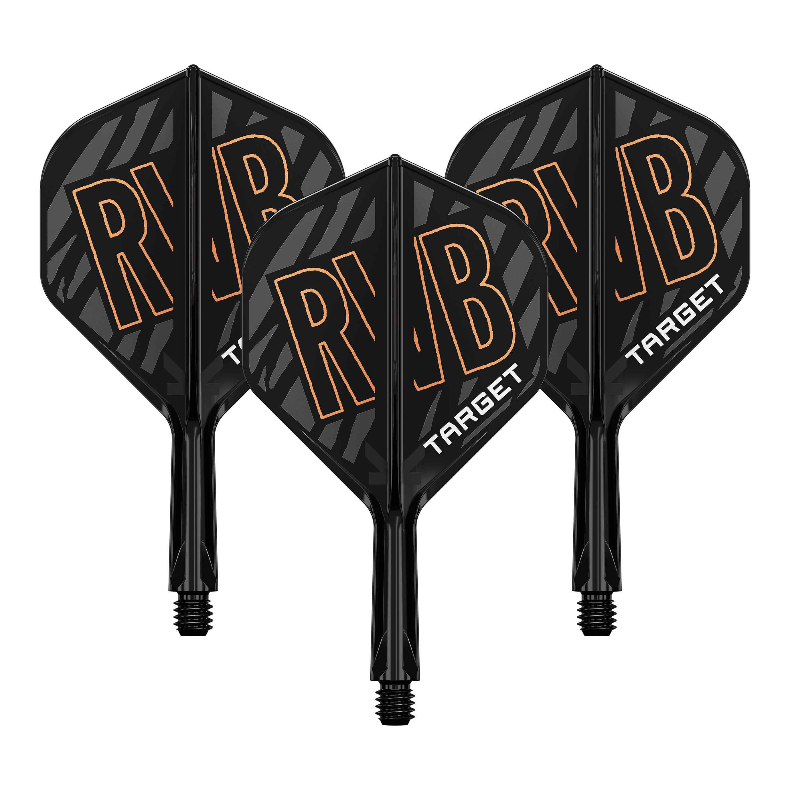 Target K-Flex Raymond Van Barneveld No2 Standard Flight-Shaft-System Auf dem Bild sind drei schwarze Dart Flights mit dem orangefarbenen Schriftzug "RVB" zu sehen. Unten auf den Flights steht in weißer Schrift das Wort "TARGET".