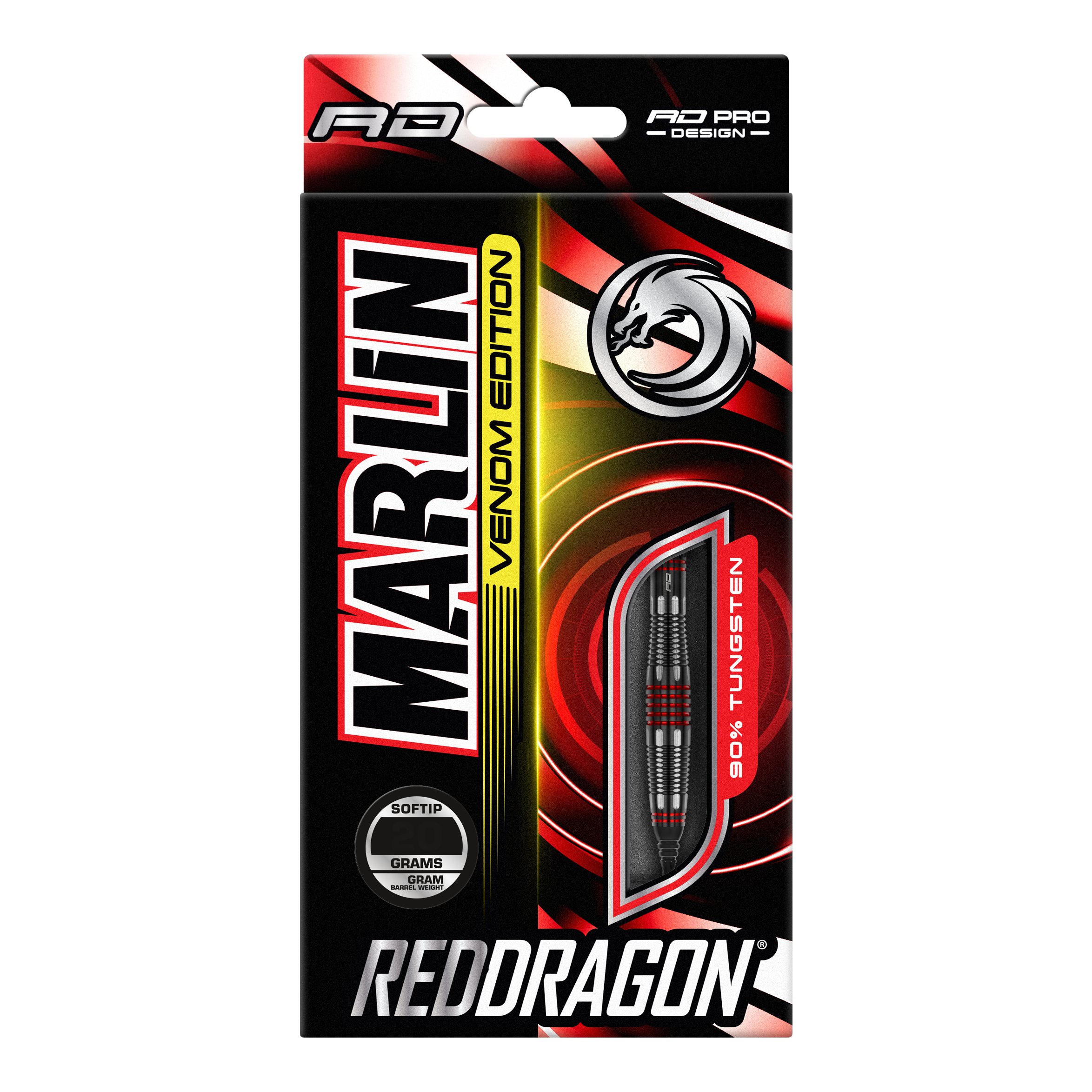 Red Dragon Marlin Venom Softdarts - 22g Die Abbildung zeigt die Verpackung der "Red Dragon Marlin Venom Softdarts - 22g". Die Verpackung ist schwarz-rot gestaltet und hebt die Darts mit 90% Tungsten-Anteil hervor.