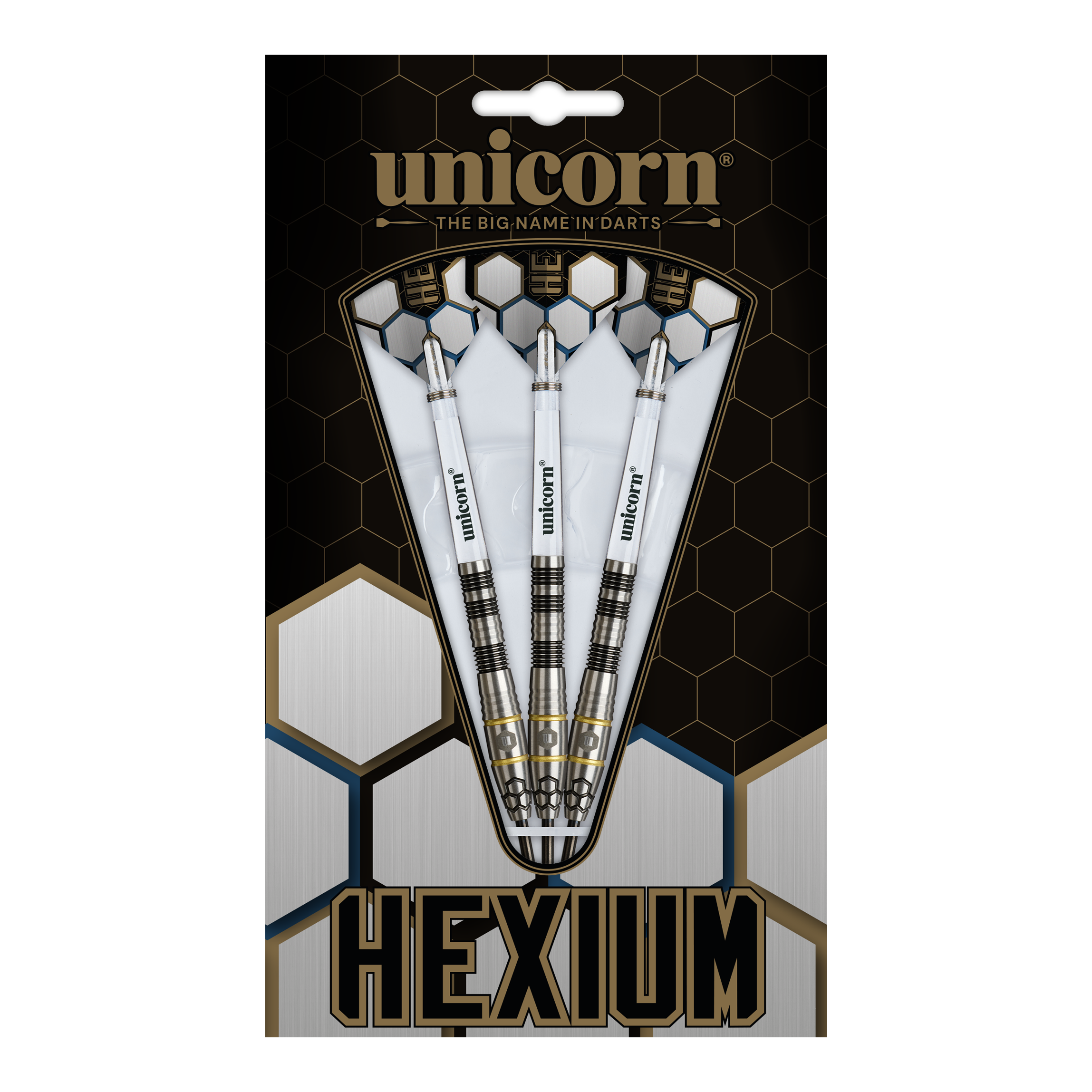 Unicorn Hexium Style 01 Black & Gold Steeldarts Unicorn Hexium Style 01 Black & Gold Steeldarts sind auf diesem Bild abgebildet. Die Abbildung zeigt die schwarzen und goldenen Steeldarts in Nahaufnahme.