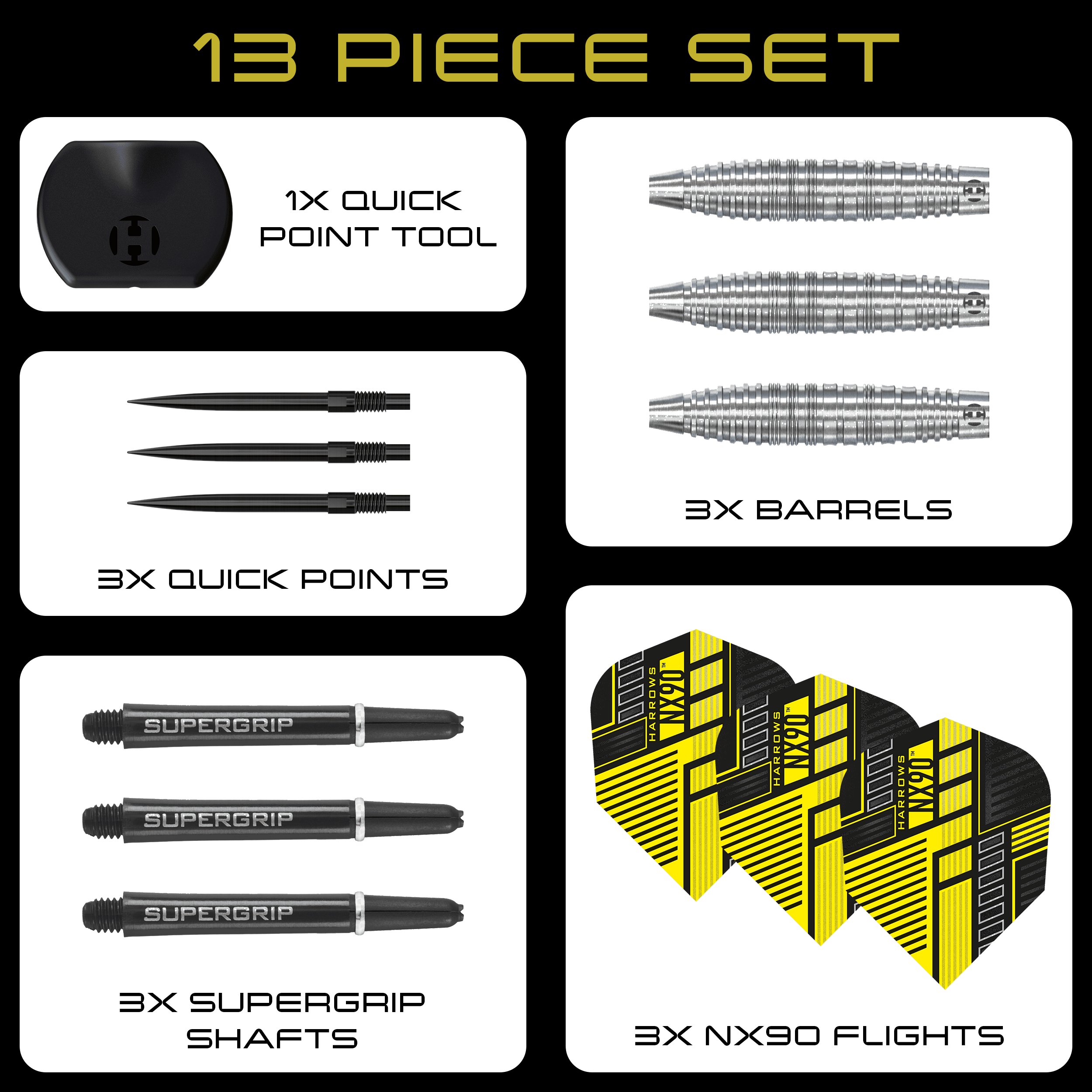 Harrows NX90 Bomb Quick Point Steeldarts Das ist ein Bild der Harrows NX90 Bomb Quick Point Steeldarts. Sie eignen sich besonders für Präzisionswürfe beim Dartspiel.