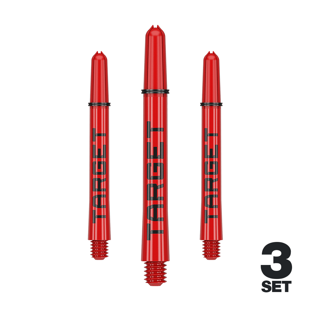 Target Pro Grip TAG Shafts - 3 Sets - Rot Das Bild zeigt drei rote Dartschäfte mit der Aufschrift "TARGET". Unten rechts steht "3 SET", was auf ein Set mit drei Stück hinweist.