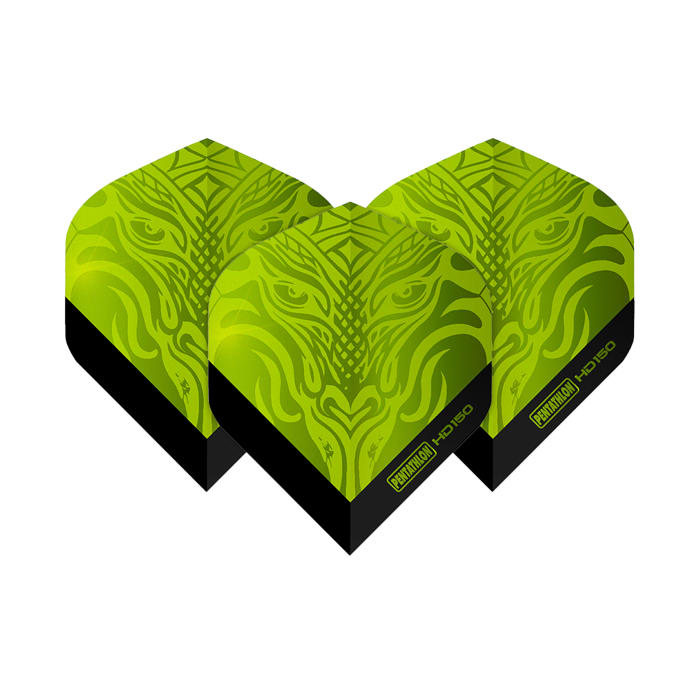 Pentathlon HD150 Metallic Grün Standard Flights Das Bild zeigt drei grüne Dart-Flights mit einem metallic Muster. Auf den Flights steht "Pentathlon HD150" geschrieben.