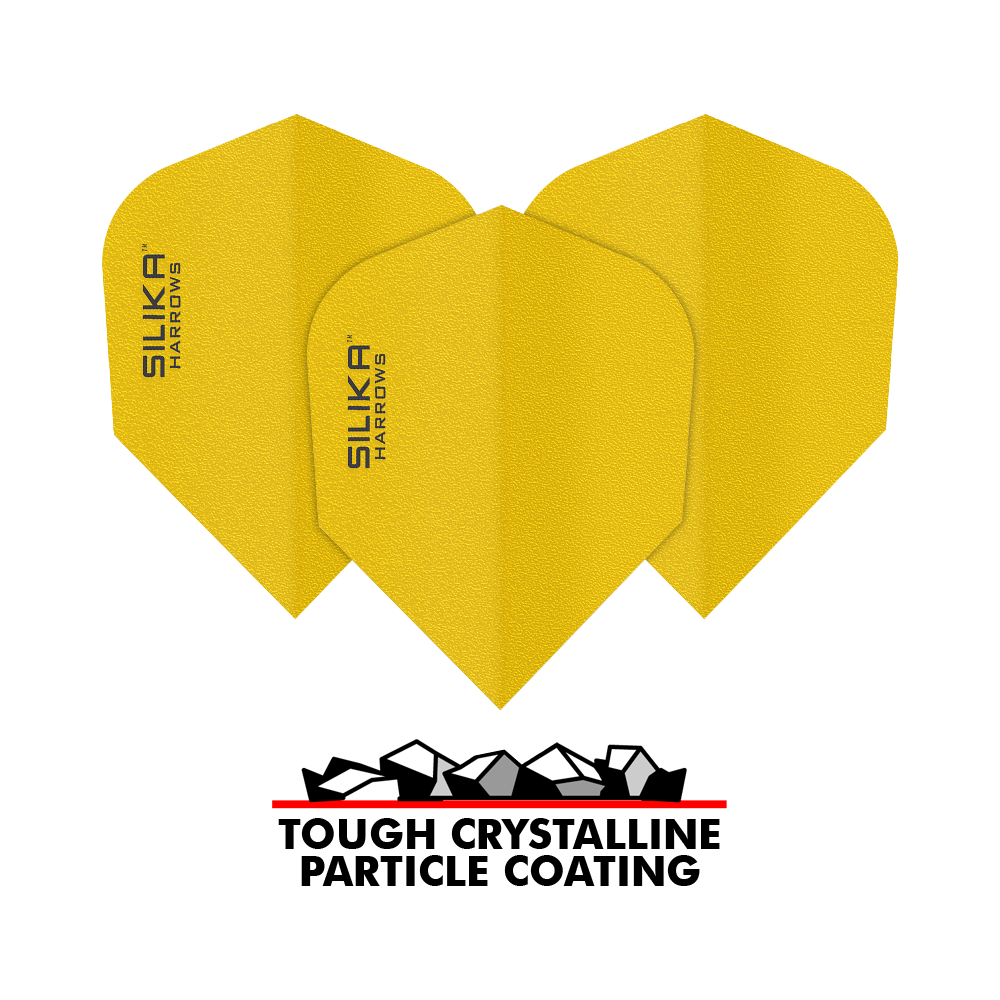 Das Bild zeigt drei gelbe Dart-Flights der Marke Harrows Silika mit robuster, kristalliner Beschichtung. Unter den Flights steht der Text „TOUGH CRYSTALLINE PARTICLE COATING“.