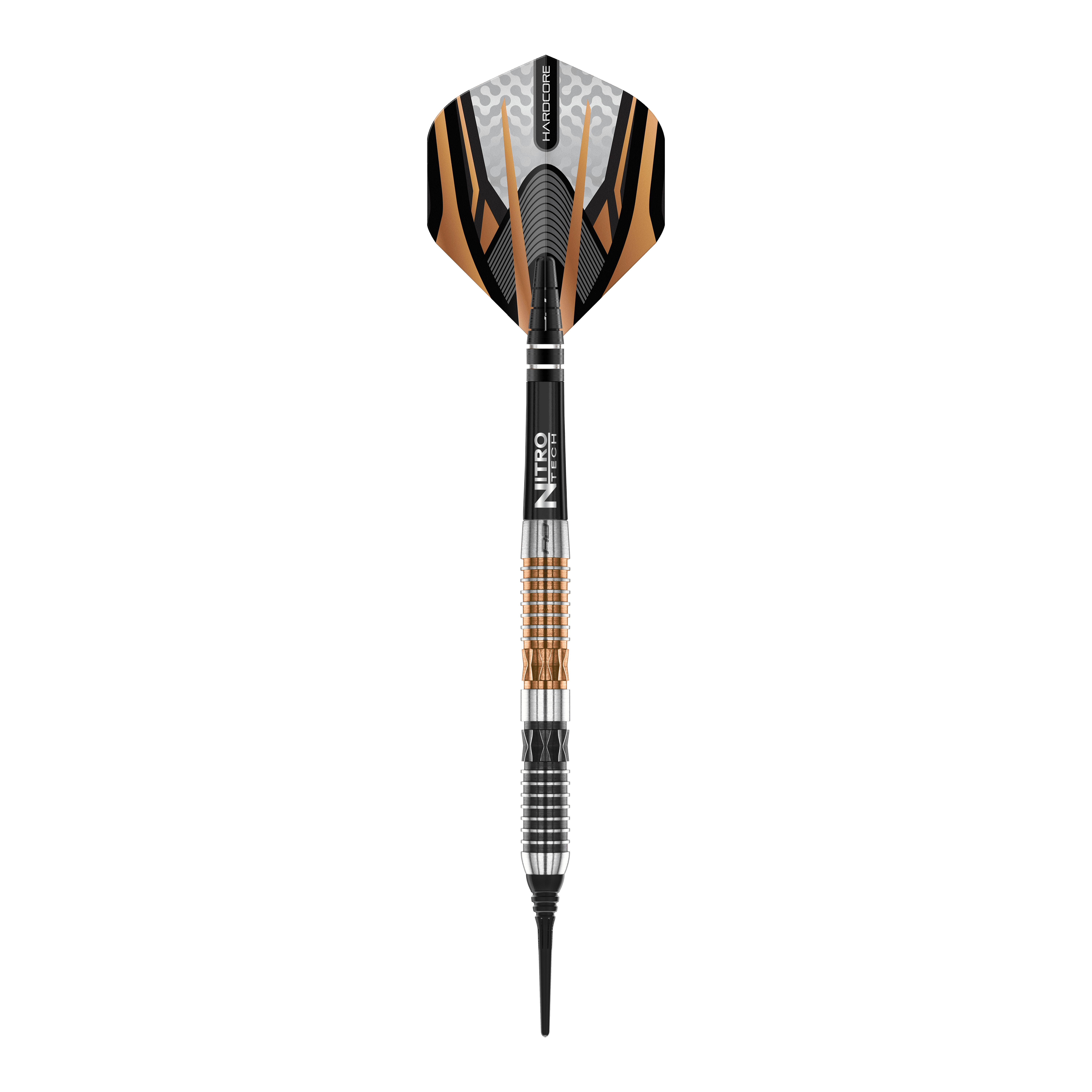 Das Bild zeigt einen Red Dragon Panterra Softdart mit einem Gewicht von 20g. Der Dart hat ein markantes Design mit schwarzen, goldenen und silbernen Elementen.
