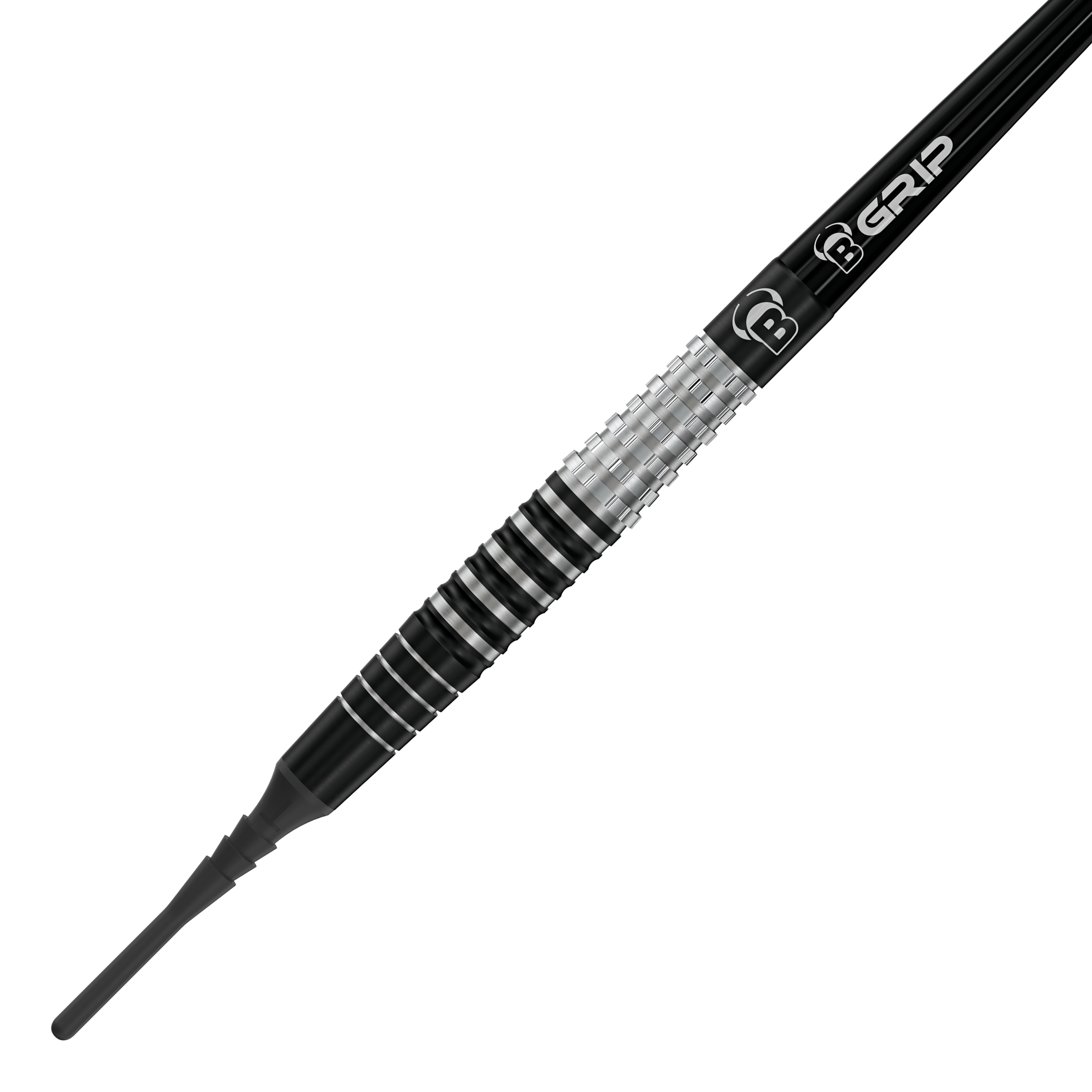 Das Bild zeigt den Softdart "Bulls Martin Schindler Original Generation 3". Der Dartpfeil hat ein stilvolles Design mit schwarzen und silbernen Rillen am Griff.