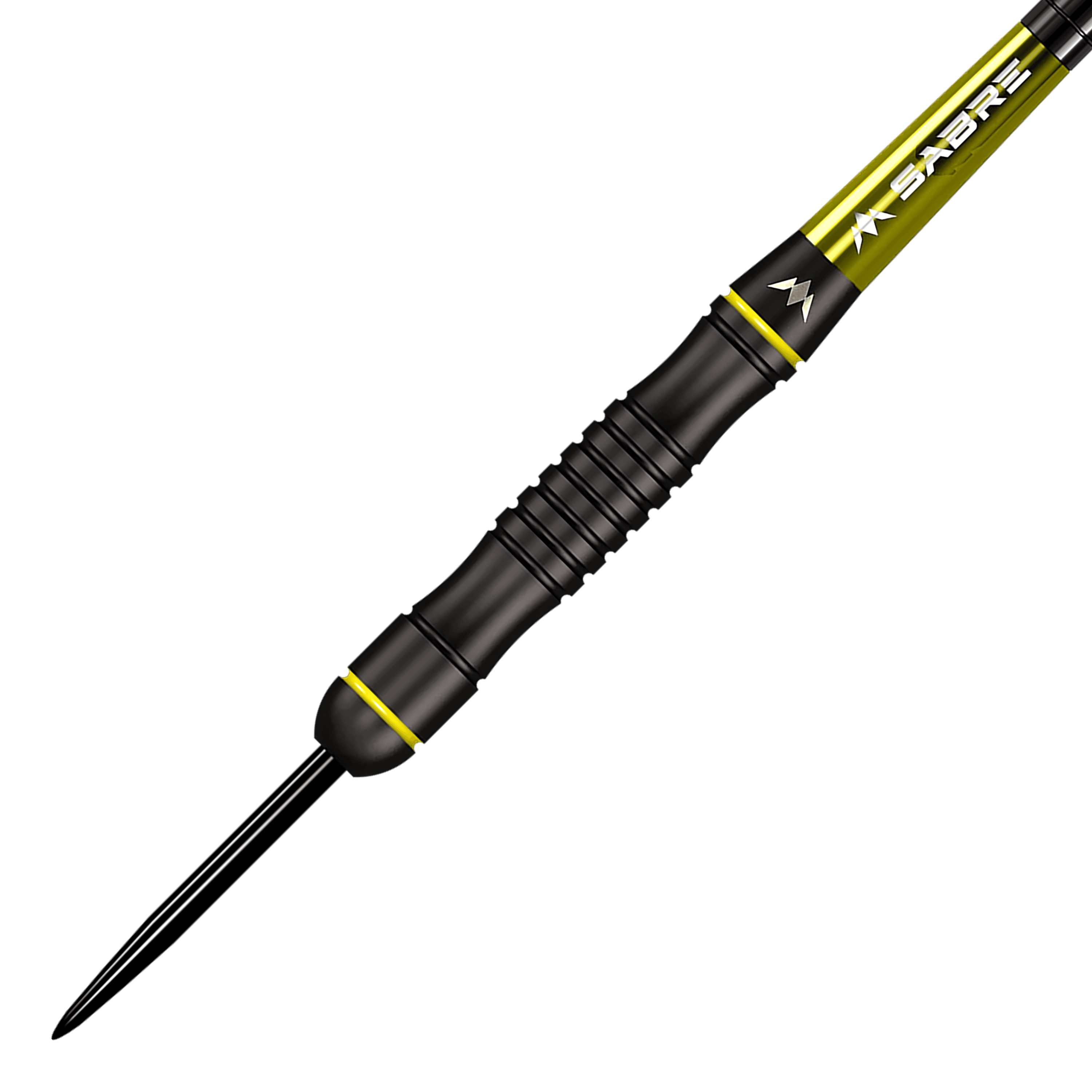 Das Bild zeigt einen Mission Stephen Burton Steeldart mit einem Gewicht von 23g. Der Dart ist überwiegend schwarz mit gelben Akzenten und hat eine gerillte Griffzone.