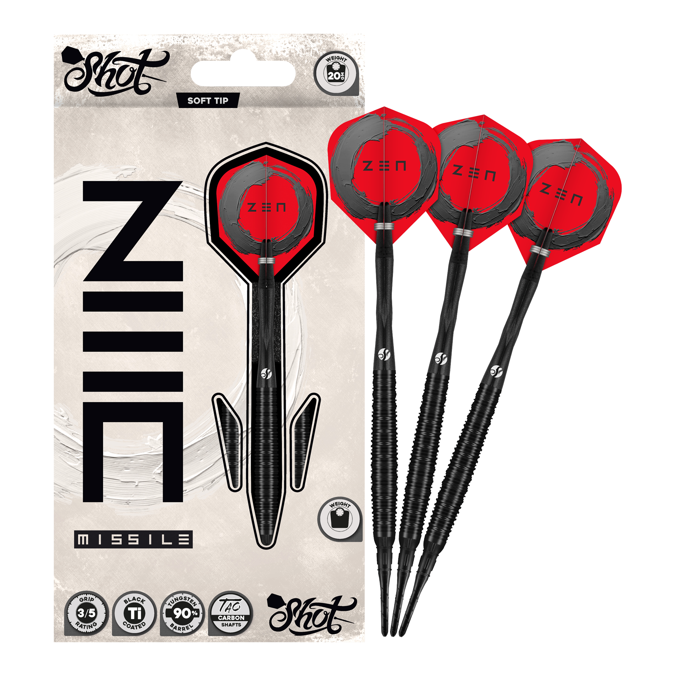 Shot ZEN Missile Softdarts - 20g Auf dem Bild ist der vollständige Satz der Shot ZEN Missile Softdarts - 20g zu sehen. Diese Pfeile sind für anspruchsvolle Dartspieler konzipiert.