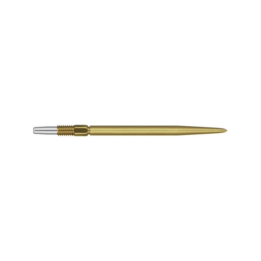 Dies ist eine goldene Dartspitze mit feiner Riffelung. Sie hat ein schlankes, spitz zulaufendes Design und ist 35 mm lang.
