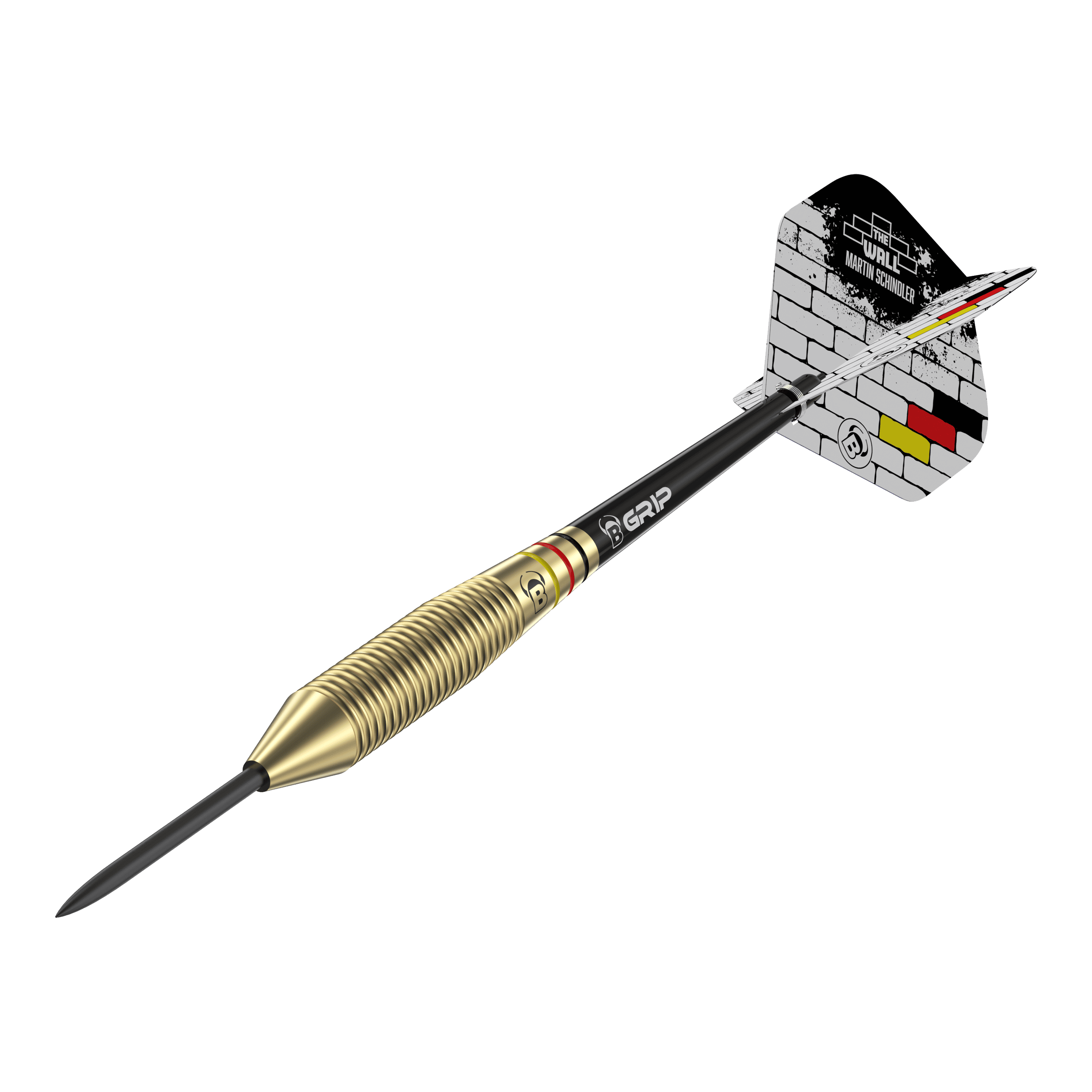 Dies ist ein Bulls Martin Schindler The Wall Brass Steeldart. Der Dart hat ein goldenes, geriffeltes Barrel und ein Flight mit Ziegelstein-Design und deutschen Farben.