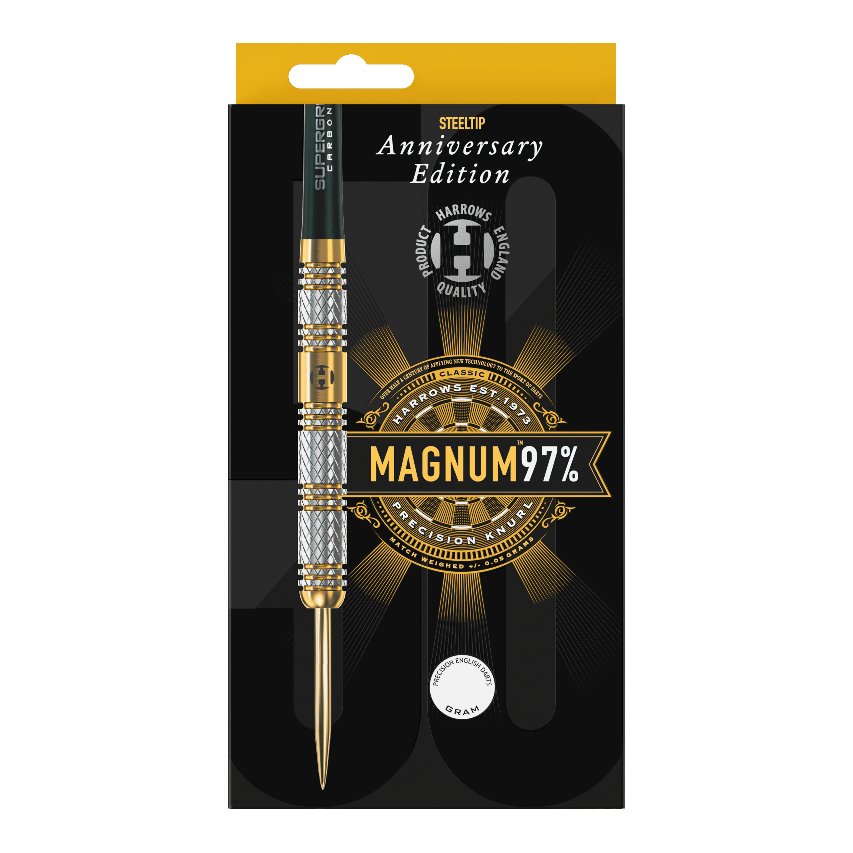 Harrows Anniversary Edition Magnum Steeldarts Das Bild zeigt eine Verpackung für einen Steeldart der Marke Harrows, Anniversary Edition. Auf der Verpackung steht "MAGNUM 97%" und das Design ist in Schwarz und Gold gehalten.