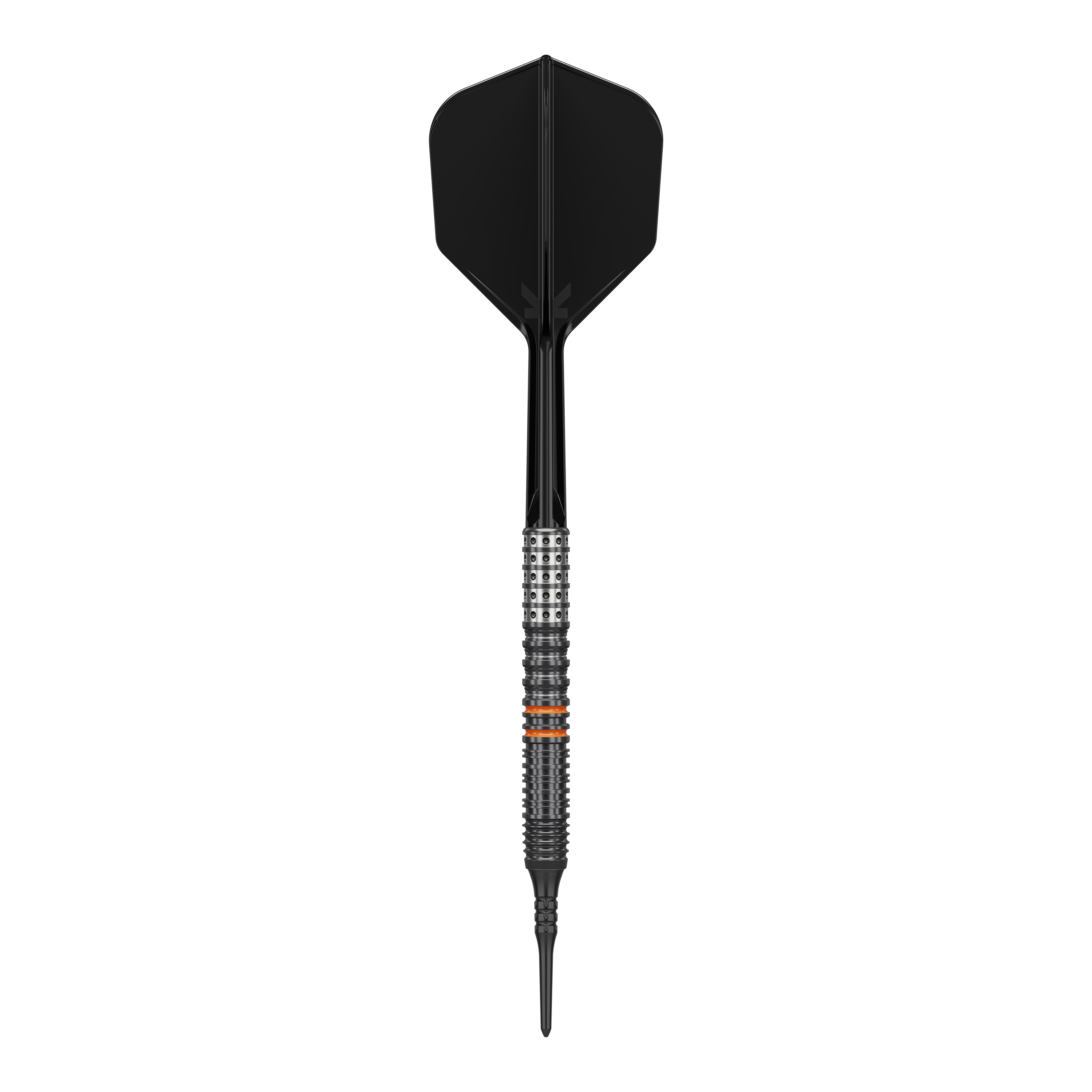 Das Bild zeigt einen schwarzen Softdart mit metallischem Griff und feinen Rillen. Es handelt sich um das Produkt "Target Japan Black Marque Morpheus GEN2 Softdarts - 19g".