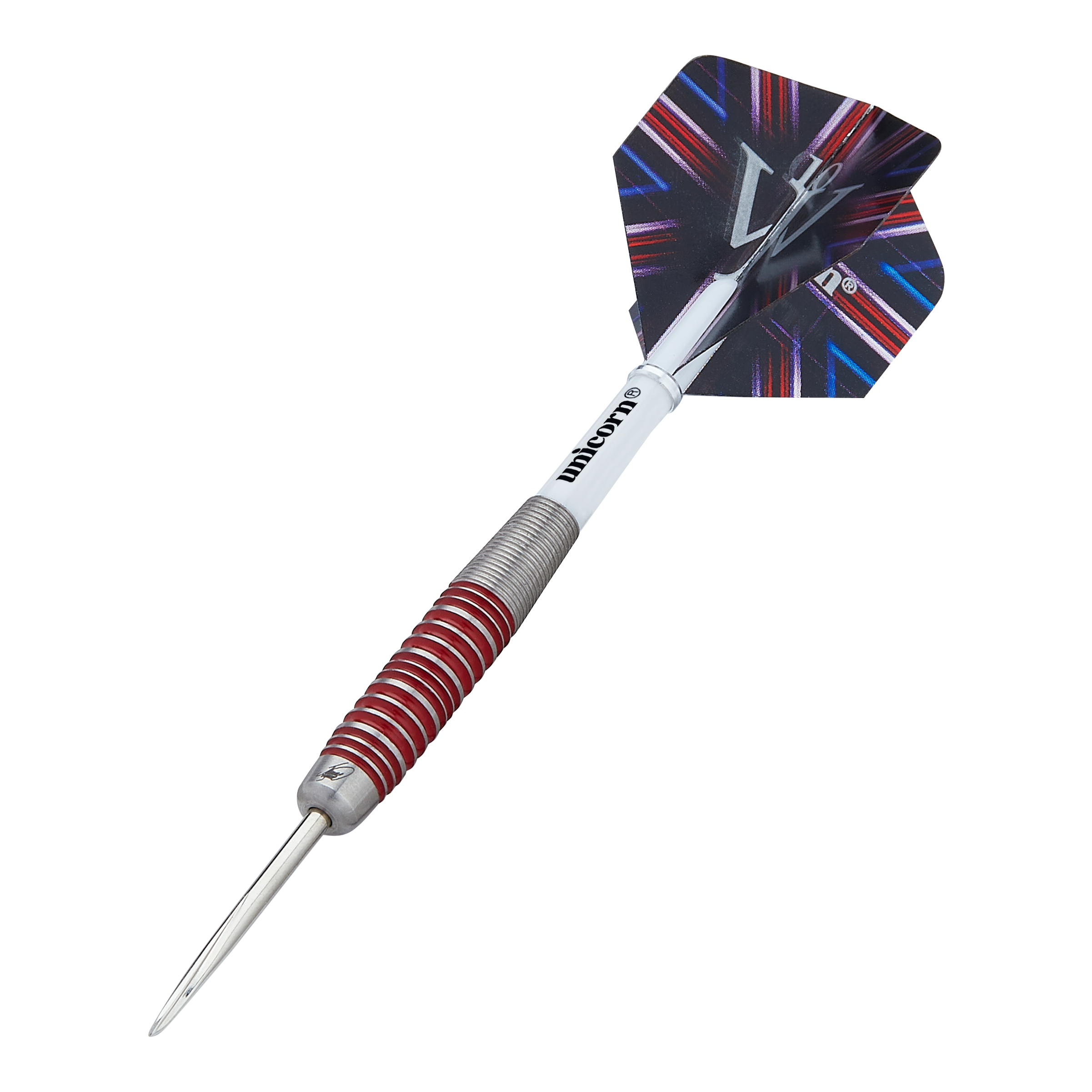 Unicorn The Machine James Wade 90% Steeldarts Das Bild zeigt einen Steeldart der Marke "Unicorn The Machine James Wade 90%". Der Dart hat einen silbernen Griff mit roten Ringen und eine bunte Flightscheibe am Ende.