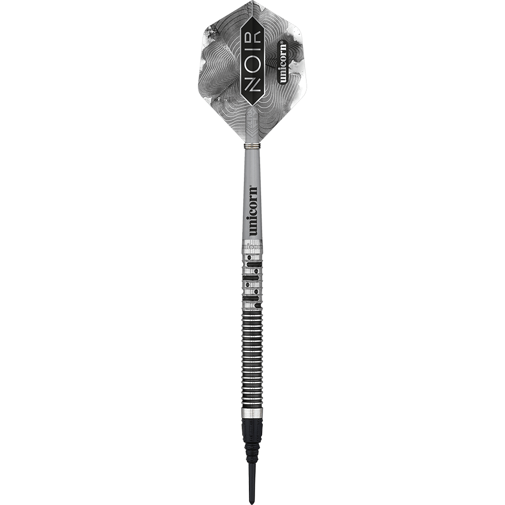 Auf dem Bild ist ein Unicorn Noir Gary Anderson Phase 5 Softdart zu sehen. Der Dart ist schwarz-silber und hat ein modernes, elegantes Design.