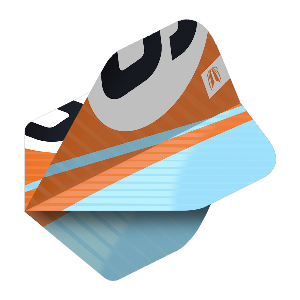 337213_Target_ProUltra_3Sets_Chicane_Orange_No2_Standard_Flights_2X9QeBkiklUQLA Das Bild zeigt ein Dartflight im Design Target Pro Ultra Chicane Orange No2 Standard. Die Flightfläche ist hauptsächlich orange und hellblau mit schwarzen und grauen Akzenten.