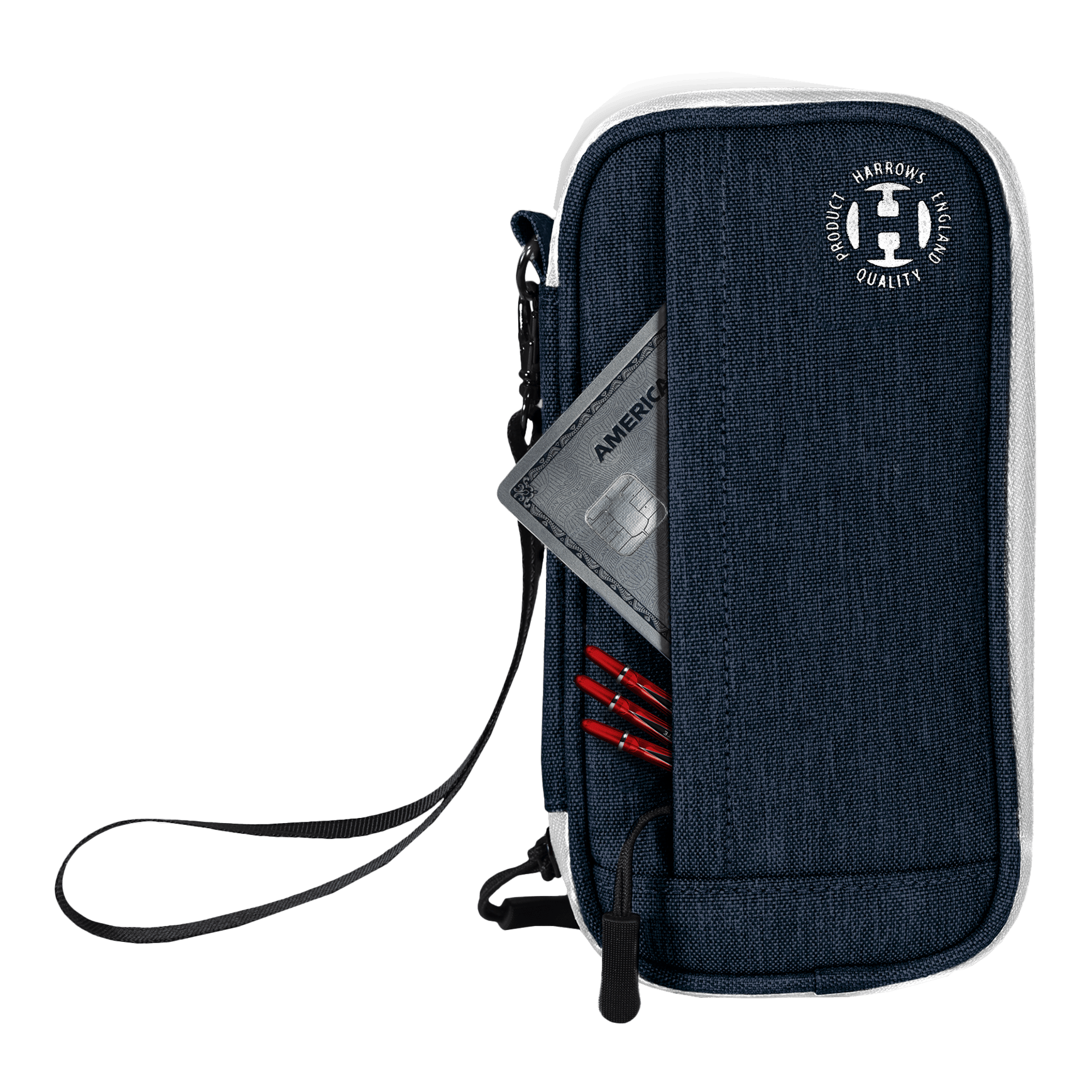 Das Bild zeigt ein blaues Harrows Smart Case Dartetui mit einer Handgelenkschlaufe. In einer Außentasche befinden sich eine Kreditkarte und mehrere rote Dartspitzen.