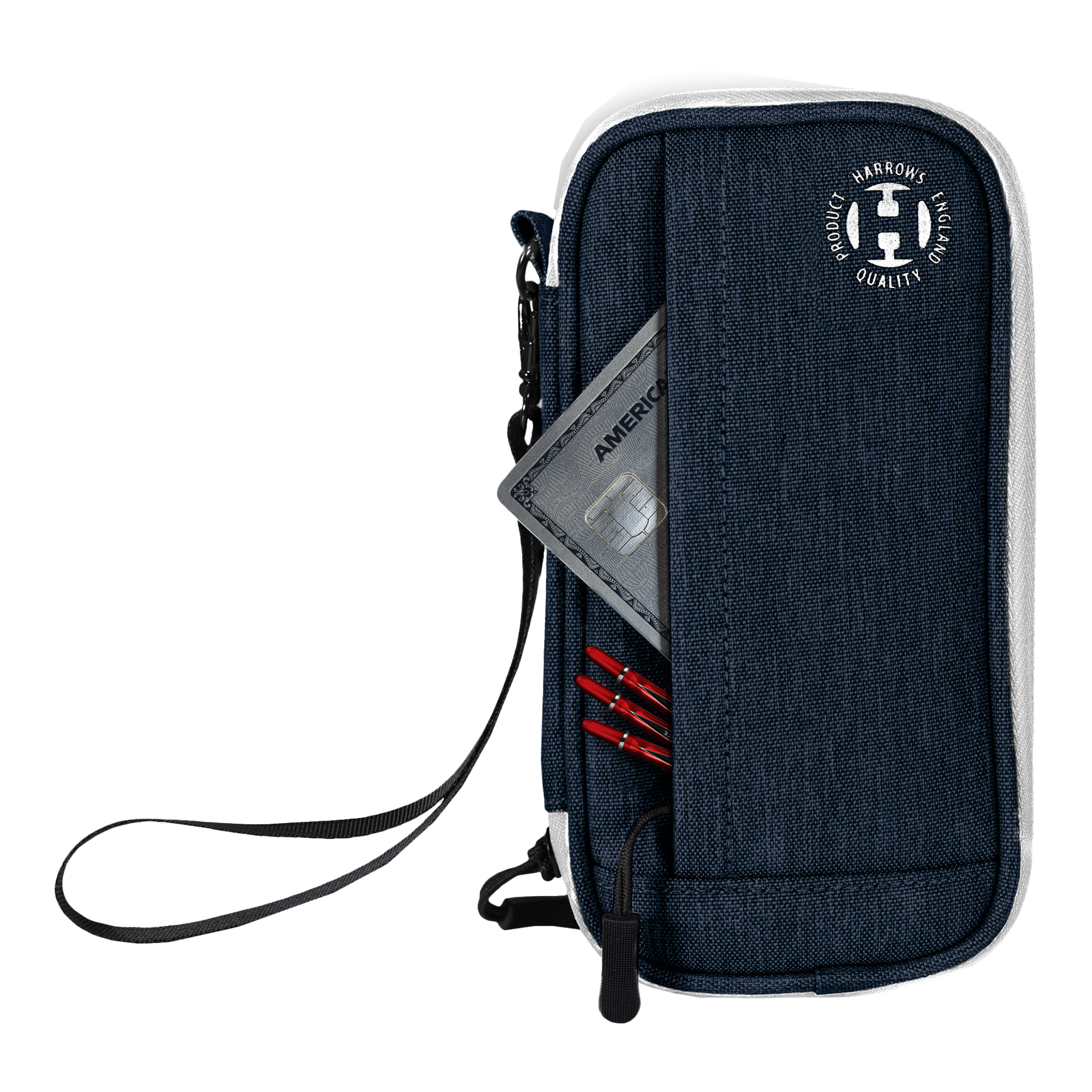 Harrows Smart Case Dartwallet Das Bild zeigt ein blaues Harrows Smart Case Dartetui mit einer Handgelenkschlaufe. In einer Außentasche befinden sich eine Kreditkarte und mehrere rote Dartspitzen.