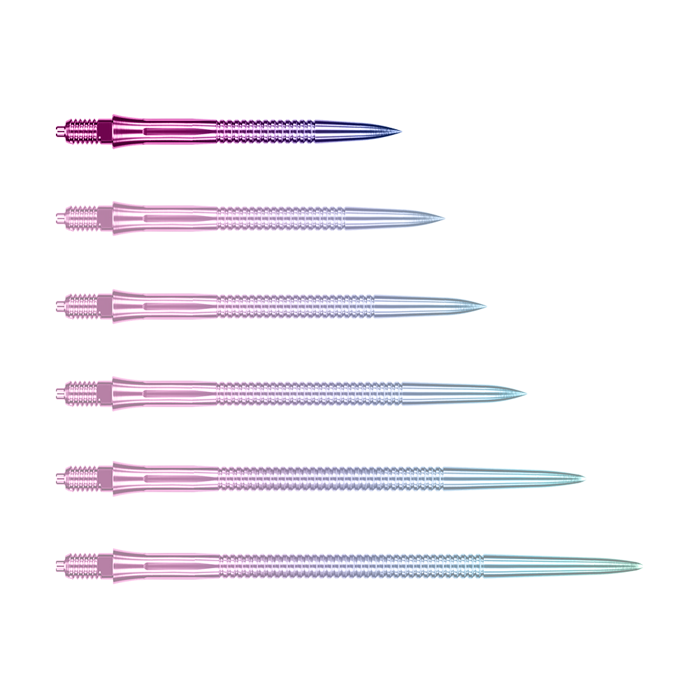 Caliburn EZ-EVO Dartspitzen - Grooved - Rainbow Das Bild zeigt eine einzelne EVO205 Caliburn EZ-EVO Dartspitze Grooved Rainbow 28mm. Die Spitze hat eine auffällige Regenbogenfarbe und eine gerillte Oberfläche.