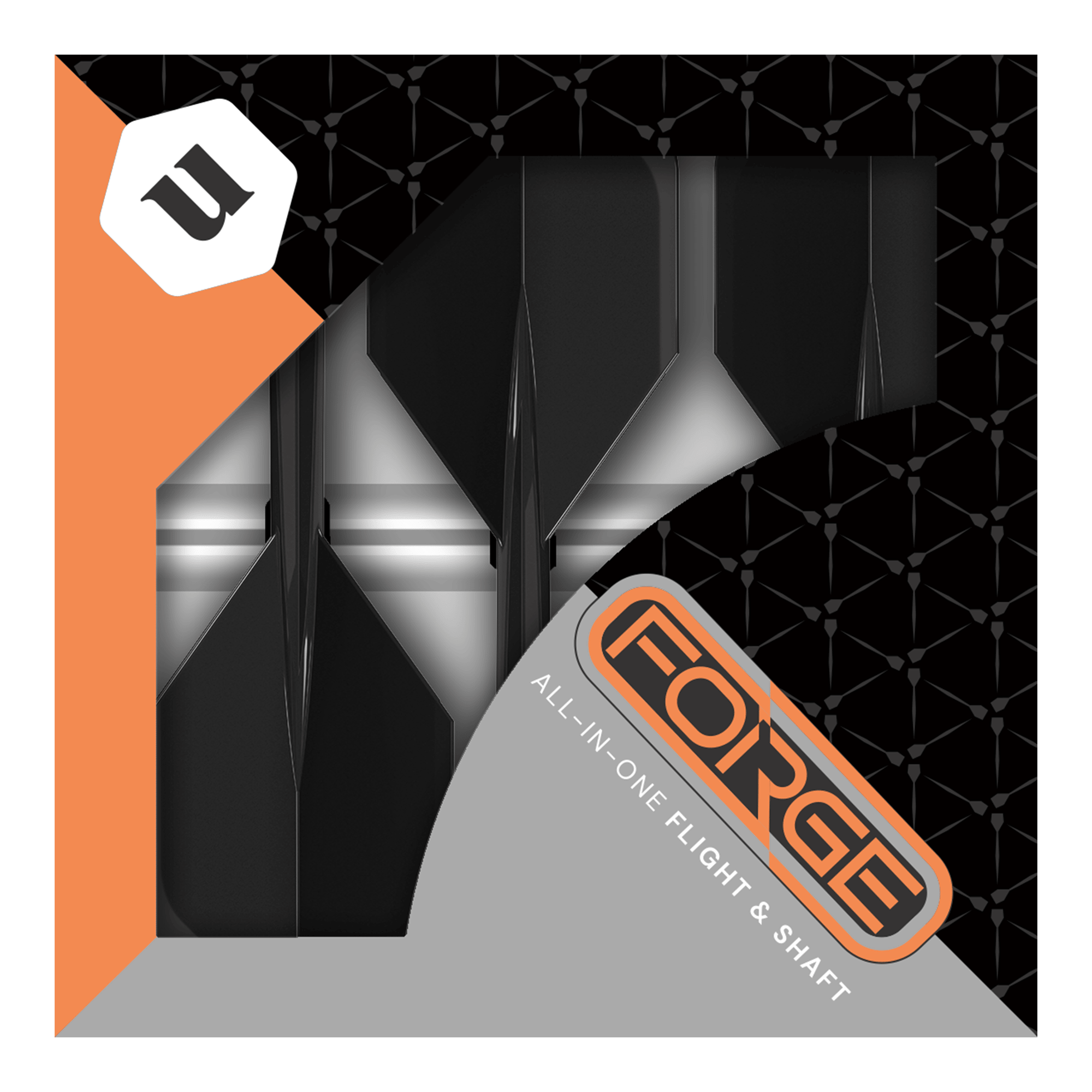 Das Bild zeigt die Verpackung der „Unicorn Forge All In One Plus No2 Standard Flights Schwarz - Medium“. In der Packung sind schwarze Dart-Flights und -Shafts zusammen als Set zu sehen.