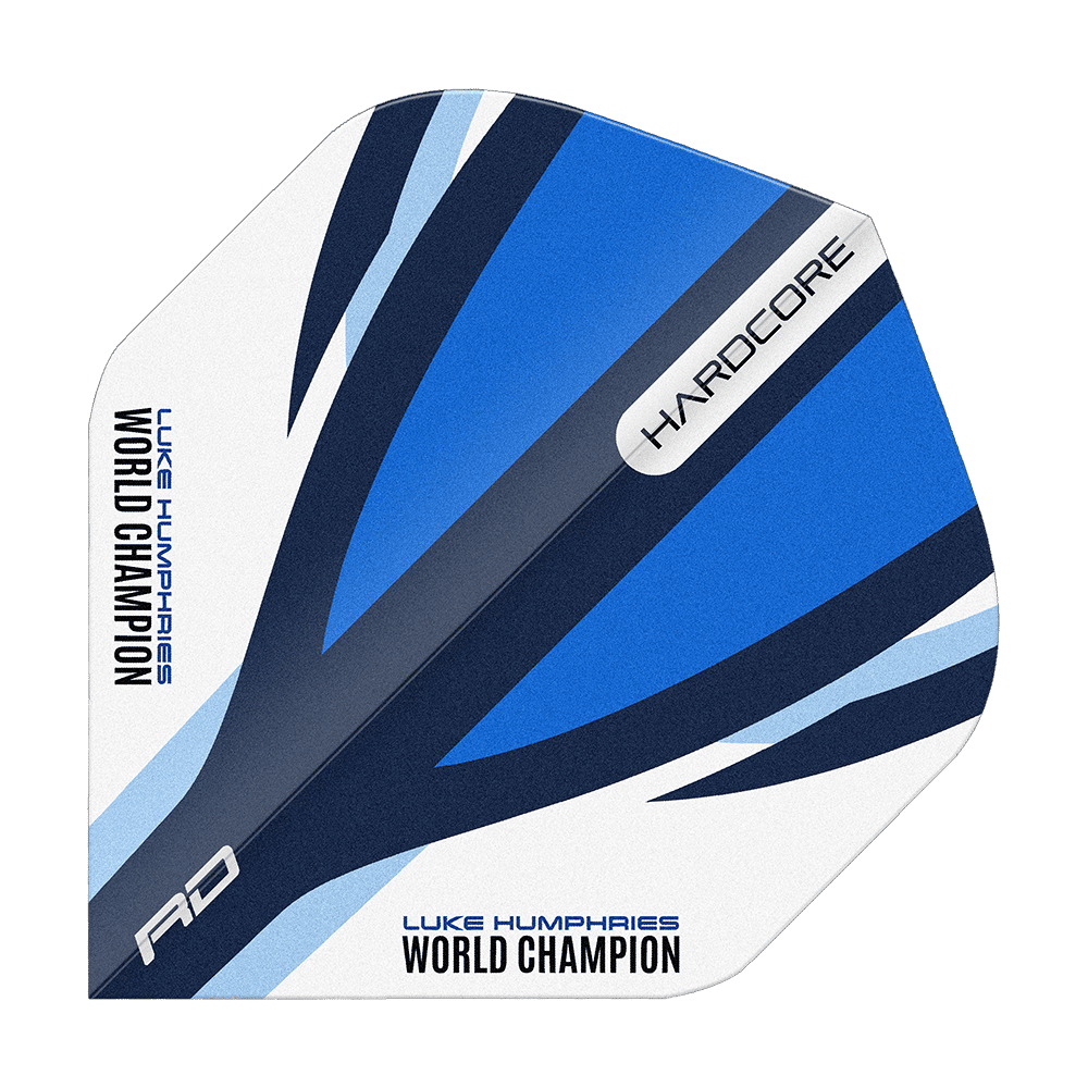 Das Bild zeigt einen Dart-Flight in den Farben Blau, Weiß und Schwarz mit dem Aufdruck "LUKE HUMPHRIES WORLD CHAMPION". Auf dem Flight stehen außerdem die Wörter "HARDCORE" und "RD".