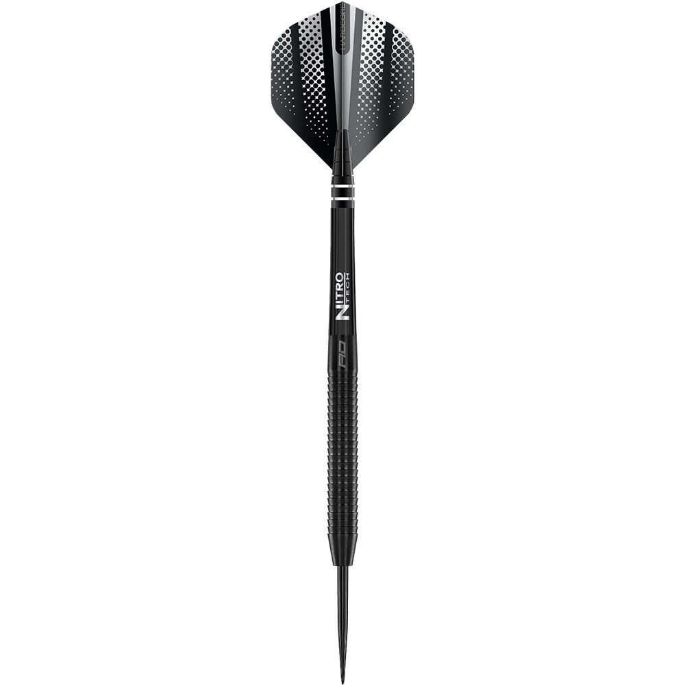Das Bild zeigt einen schwarzen Steeldart mit dem Namen "Red Dragon Razor Edge". Der Dart hat ein modernes Design mit geriffeltem Griff und schwarzer Spitze.