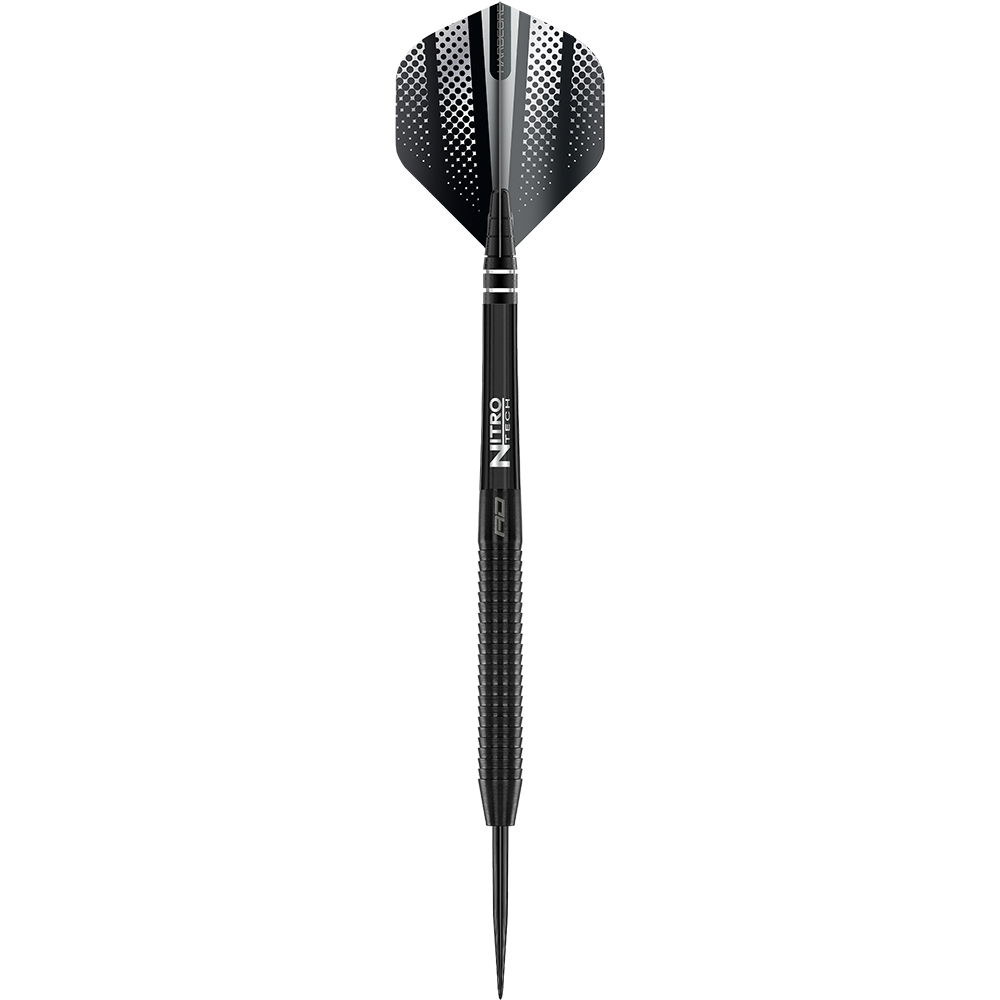 Red Dragon Razor Edge Black Steeldarts Das Bild zeigt einen schwarzen Steeldart mit dem Namen "Red Dragon Razor Edge". Der Dart hat ein modernes Design mit geriffeltem Griff und schwarzer Spitze.