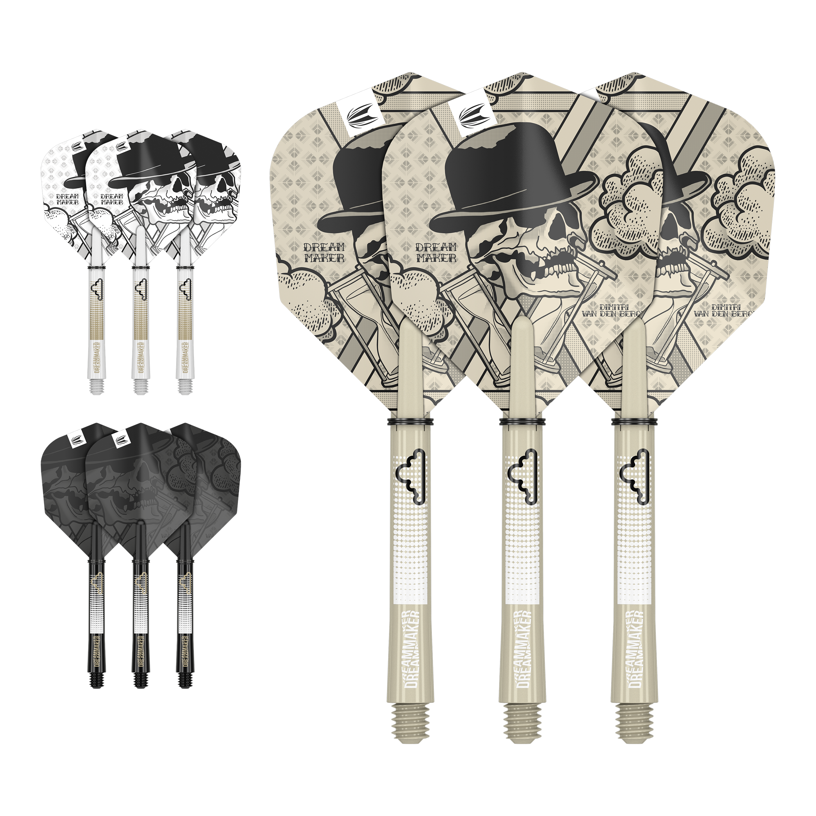 Auf dem Bild sind drei Dartflights mit Schädel- und Hutdesign sowie der Aufschrift "Dream Maker" zu sehen. Zusätzlich gibt es zwei weitere Sätze Flights in verschiedenen Farben, jeweils mit passenden Shafts.