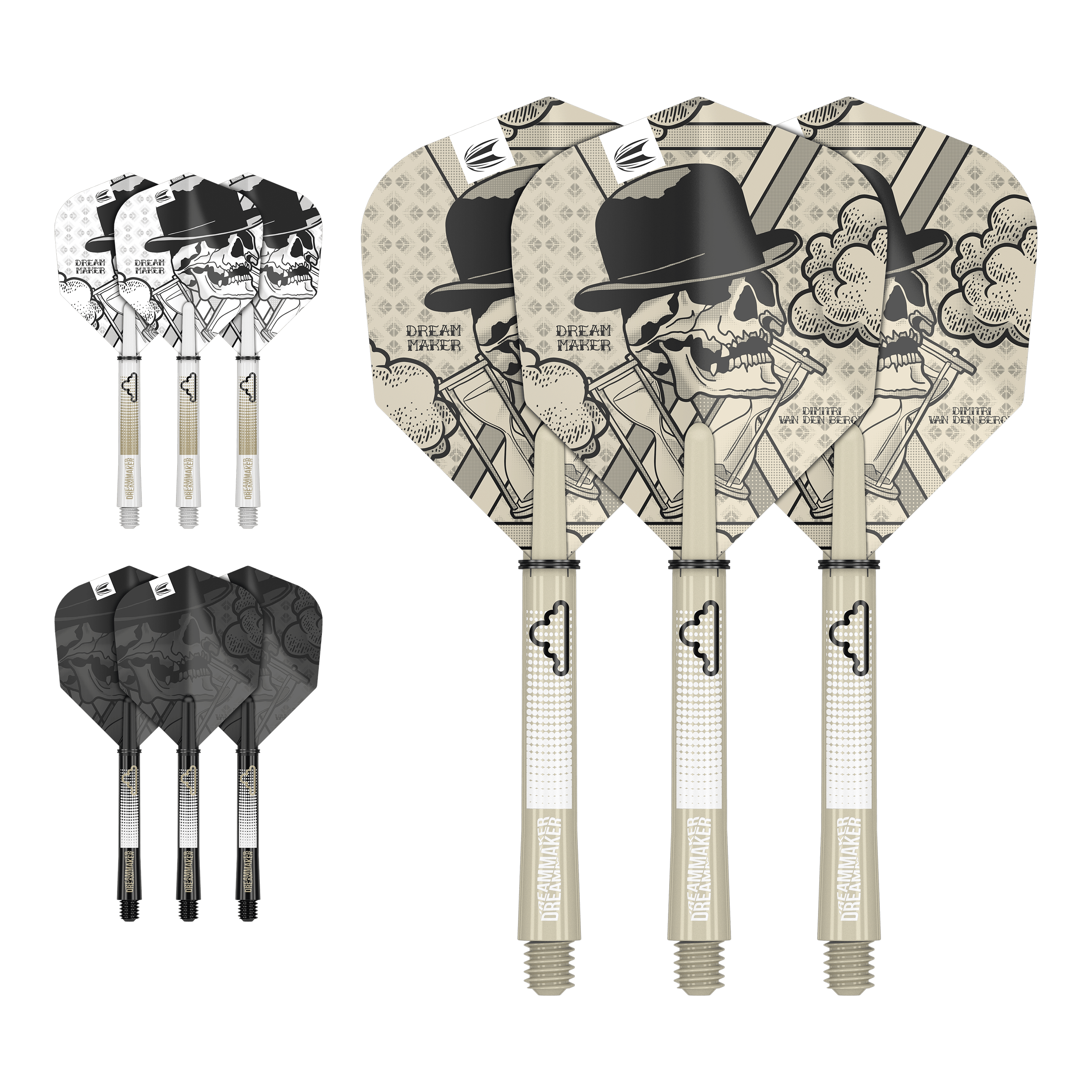 Target Ink Flight Shaft Kit Dimitri Van Den Bergh Auf dem Bild sind drei Dartflights mit Schädel- und Hutdesign sowie der Aufschrift "Dream Maker" zu sehen. Zusätzlich gibt es zwei weitere Sätze Flights in verschiedenen Farben, jeweils mit passenden Shafts.