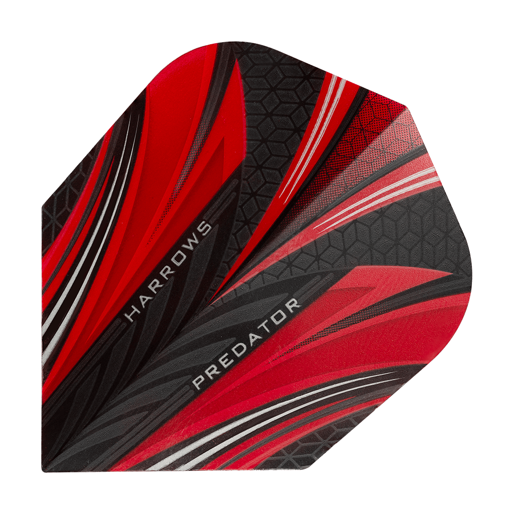 Das Bild zeigt ein Dart-Flight mit dem Namen "Harrows Prime Predator Rot No2 Standard Flights". Das Design ist hauptsächlich rot und schwarz mit weißen Akzenten und geometrischen Mustern.