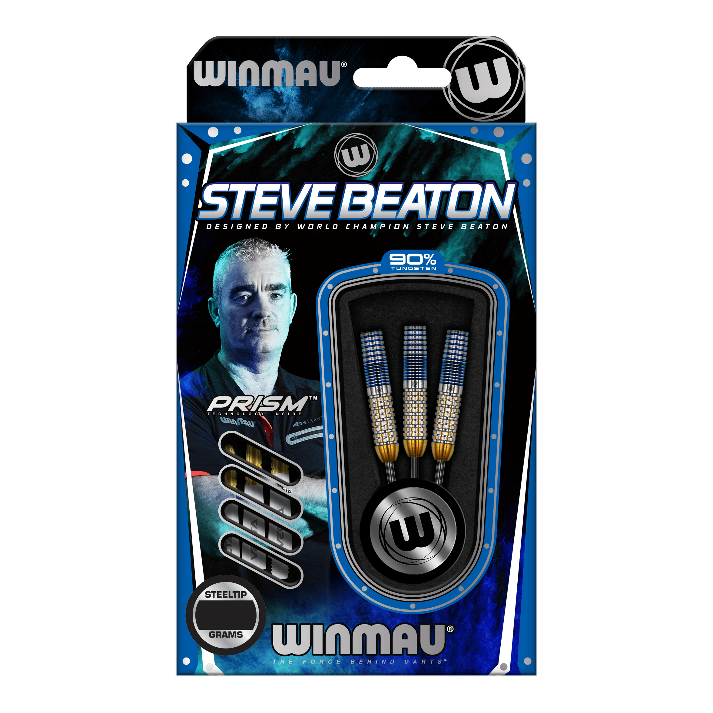 Winmau Steve Beaton Legend Series Steeldarts Auf dem Bild ist eine Verpackung der "Winmau Steve Beaton Legend Series Steeldarts" zu sehen. Die Verpackung zeigt drei Steeldarts und ein Bild von Steve Beaton.