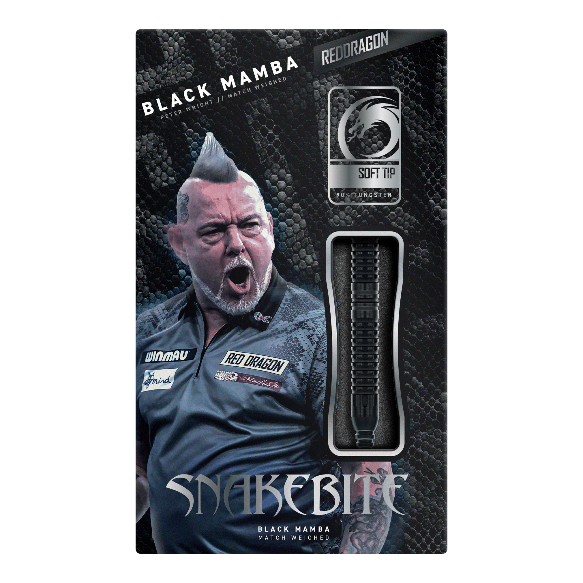 Red Dragon Peter Wright Snakebite Black Mamba Softdarts - 20g Dargestellt ist der Red Dragon Peter Wright Snakebite Black Mamba Softdart mit 20g. Dieser Softdart richtet sich an ambitionierte Spieler und besticht durch hohe Qualität.