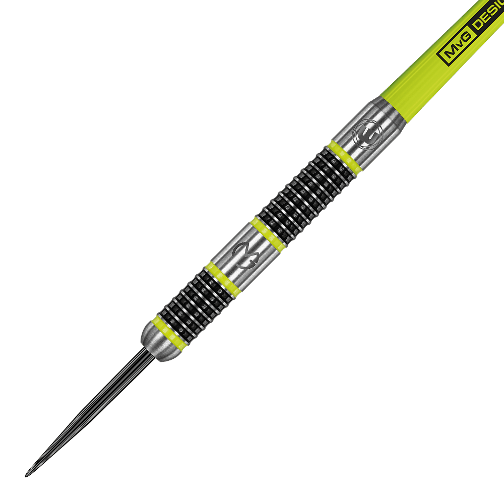 1444_Winmau_Michael_Van_Gerwen_MvG_Aspire_Steeldarts_2 Das Bild zeigt einen Winmau Michael Van Gerwen MvG Aspire Steeldart. Der Dartpfeil hat ein silbernes und schwarzes Design mit gelben Akzenten und ist speziell für Präzision gefertigt.