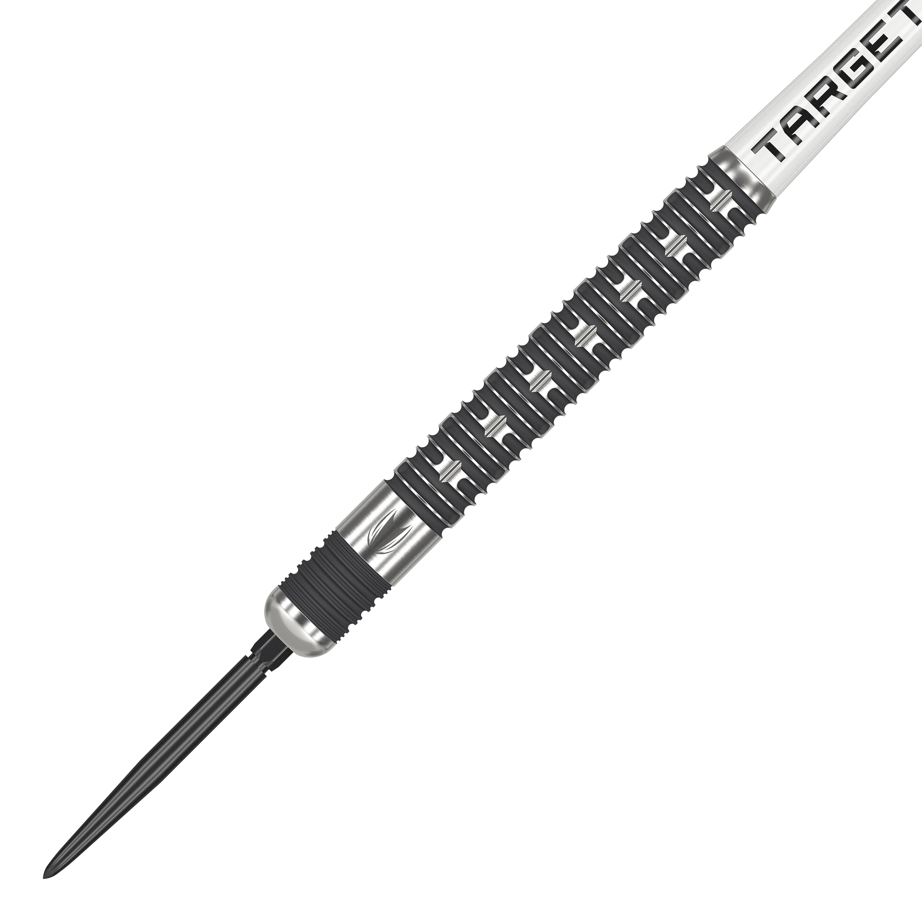 Das Bild zeigt den Target Chris Dobey Hollywood Action Swiss Point Steeldart. Der Dartpfeil hat ein auffälliges, silber-schwarzes Design mit präzisen Griffmulden.