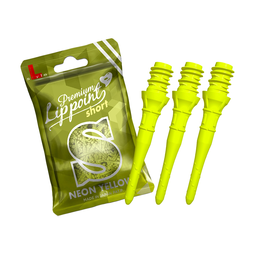 LIP40_L-Style_Premium_Lippoints_Short_Neongelb_2 Auf dem Bild ist eine Packung mit "Premium Lipppoint short" in Neon-Gelb zu sehen. Daneben sind drei leuchtend gelbe Dartspitzen abgebildet.