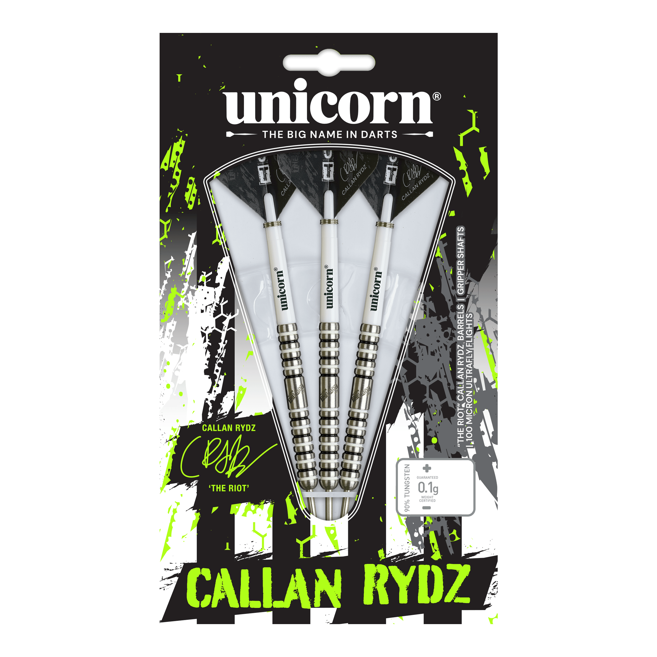 Unicorn Callan Rydz The Riot Phase 2 Steeldarts Das Bild zeigt einen Steeldart aus der Callan Rydz The Riot Phase2 Serie. Es handelt sich um einen hochwertigen Dartpfeil für ambitionierte Spieler.