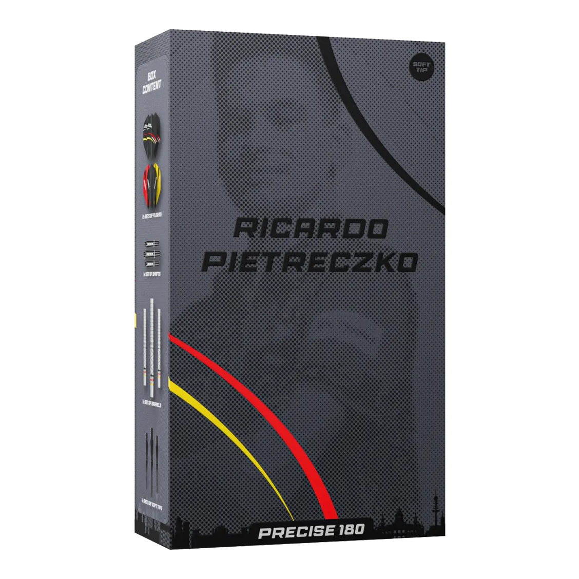 Abgebildet sind die Precise 180 Ricardo Pietreczko GEN1 Softdarts. Sie eignen sich ideal für Präzisionswürfe im Softdart-Bereich.