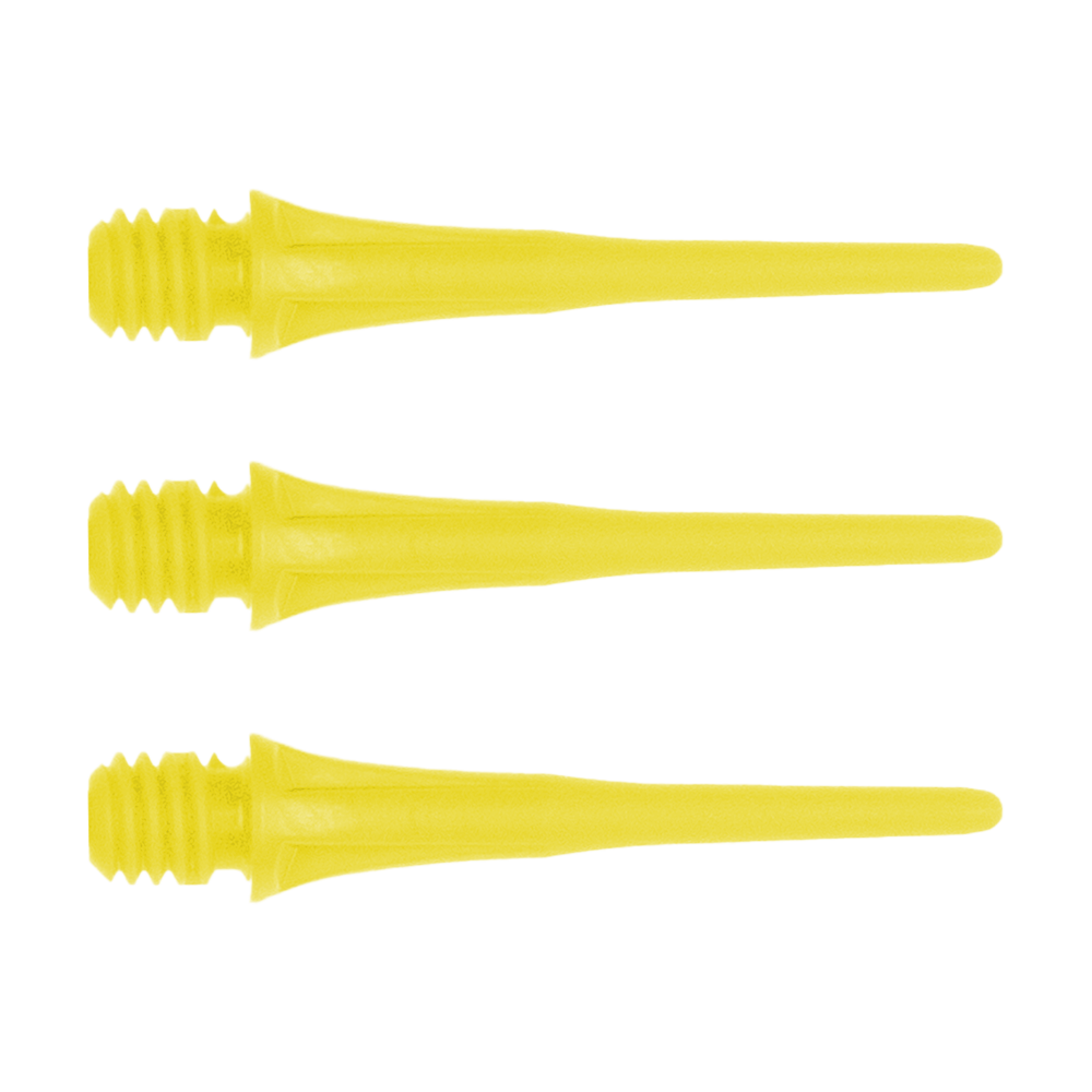 Das Bild zeigt drei gelbe Dartspitzen mit Gewinde. Es handelt sich um das Produkt "Cosmo Fit Point Plus 2BA Spitzen 25mm (50er Pack)".