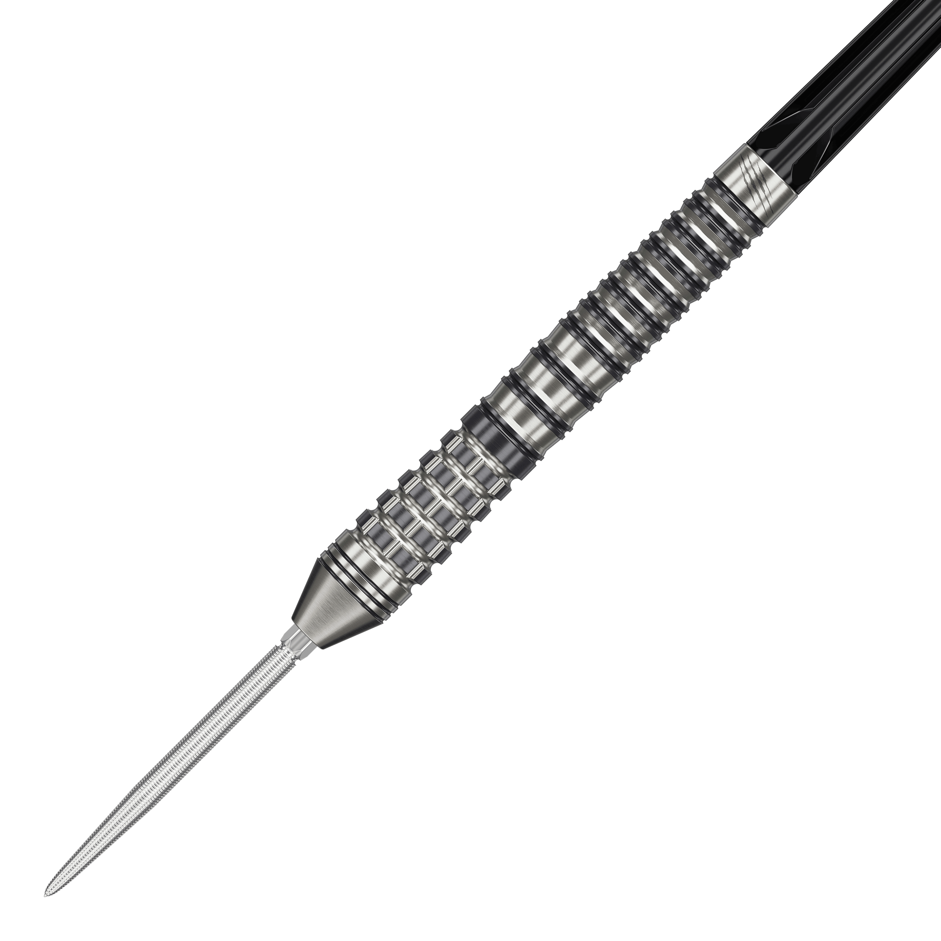 Target Black Marque Renegade 4 Swiss Point Steeldarts Das Bild zeigt einen Target Black Marque Renegade 4 Swiss Point Steeldart. Der Dartpfeil hat eine silberne Spitze und einen strukturierten, geriffelten Griffbereich.